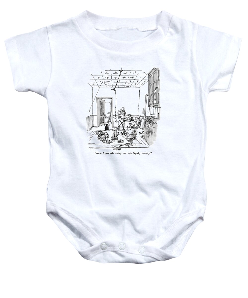 Language Baby Onesie featuring the drawing Hon, I Feel Like Riding Out Into Big-sky Country by George Booth