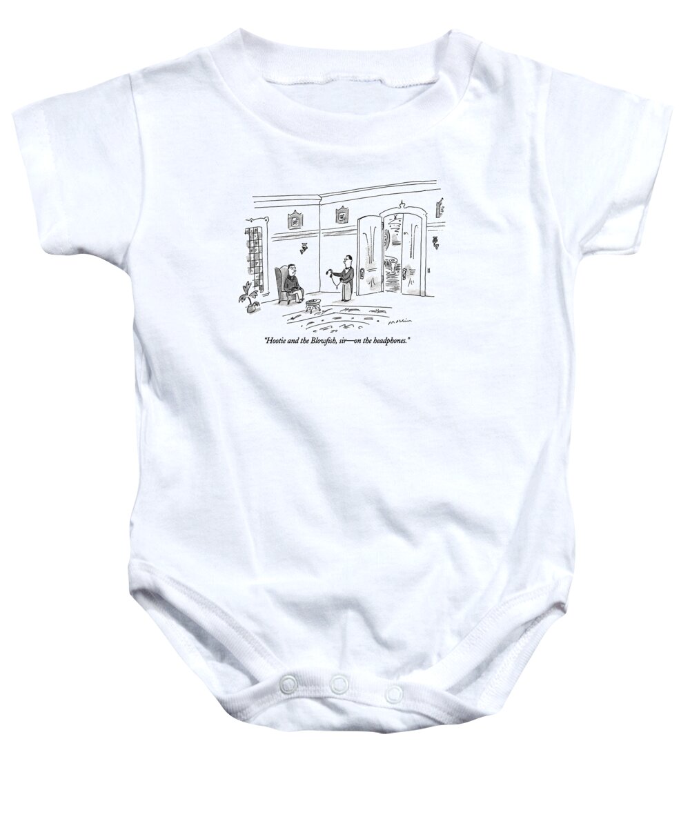 

 Butler Hands Rich Man His Stereo Headphones Baby Onesie featuring the drawing Hootie And The Blowfish by Michael Maslin