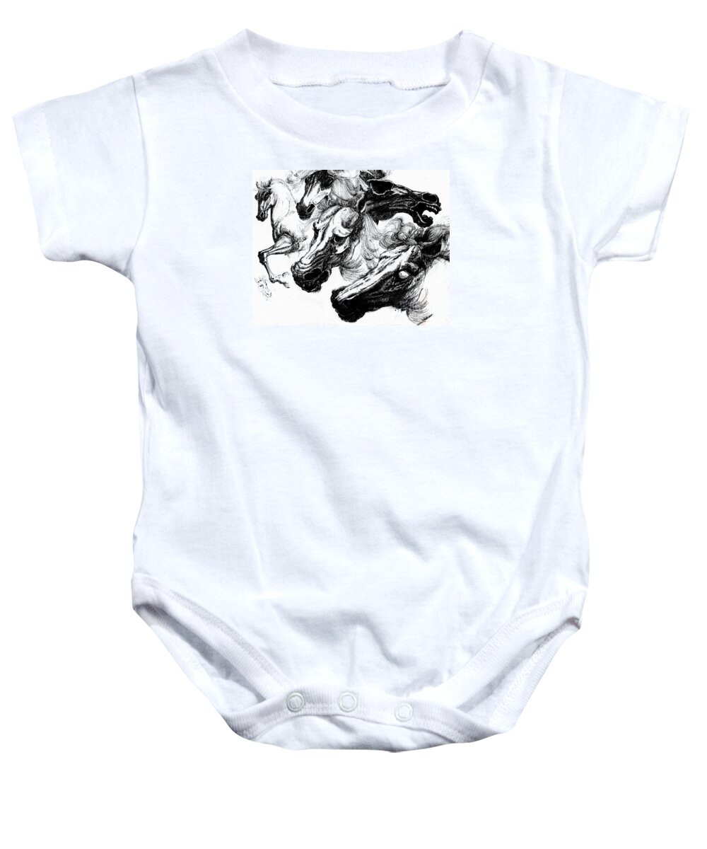 Ink Drawing Baby Onesie featuring the drawing Horse ink drawing by Daliana Pacuraru