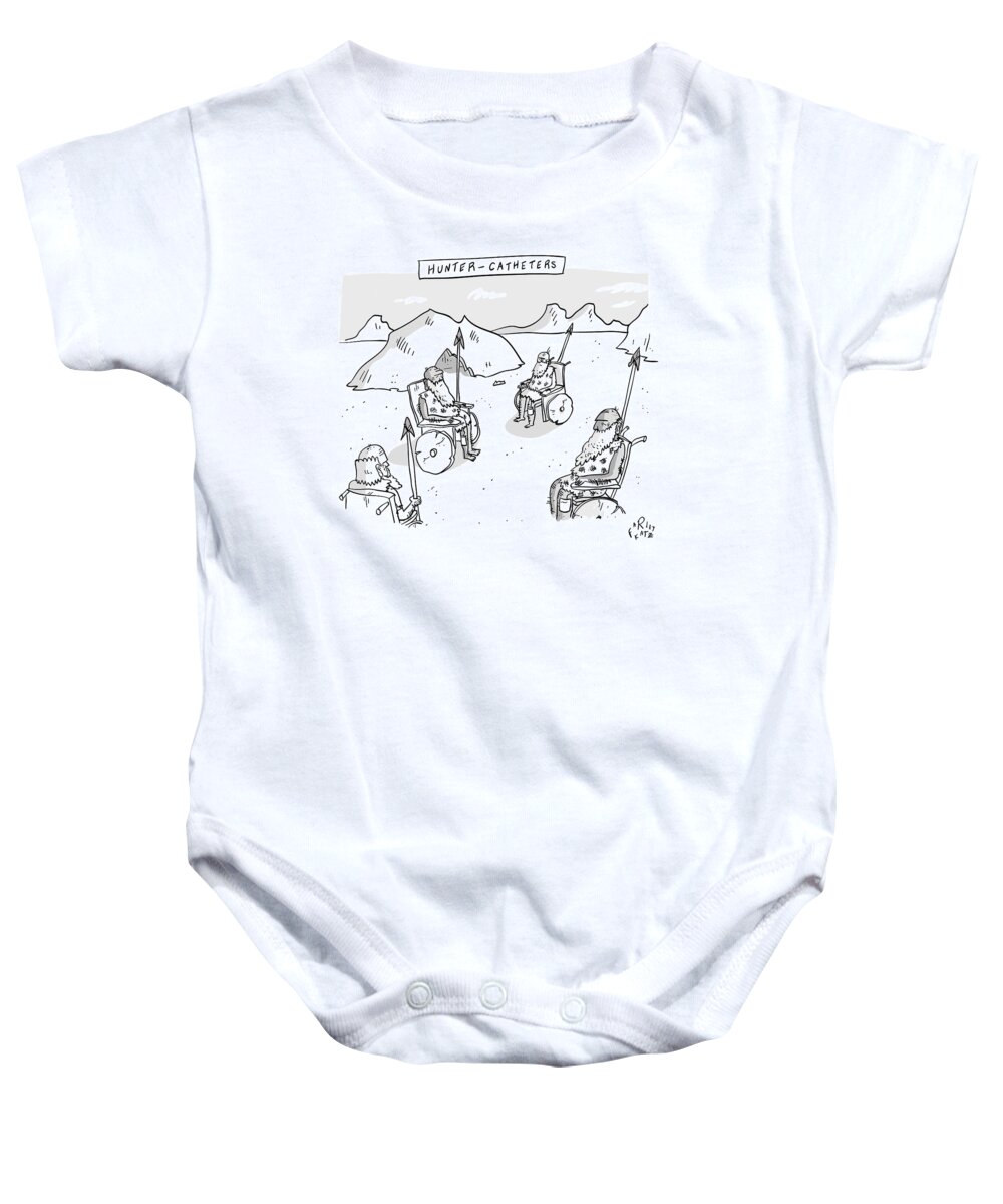 Captionless Hunter Gatherer Baby Onesie featuring the drawing Hunter-catheters -- Stone-age Warriors Sit by Farley Katz