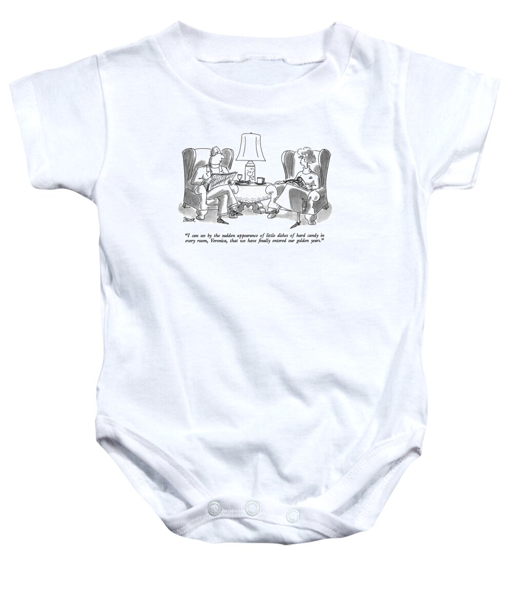 Middle Age Baby Onesie featuring the drawing I Can See By The Sudden Appearance Of Little by Jack Ziegler