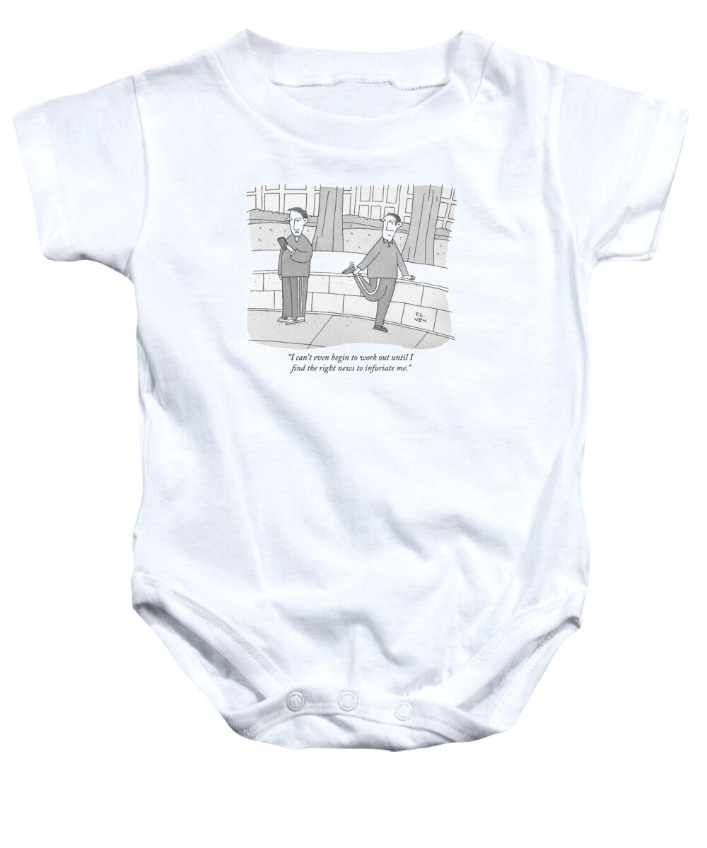 Exercise Baby Onesie featuring the drawing I Can't Even Begin To Work Out Until I Find by Peter C. Vey