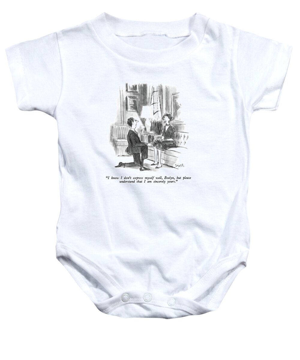 

 Man On Bended Knee Proposing. 
Love Baby Onesie featuring the drawing I Know I Don't Express Myself Well by Charles Saxon