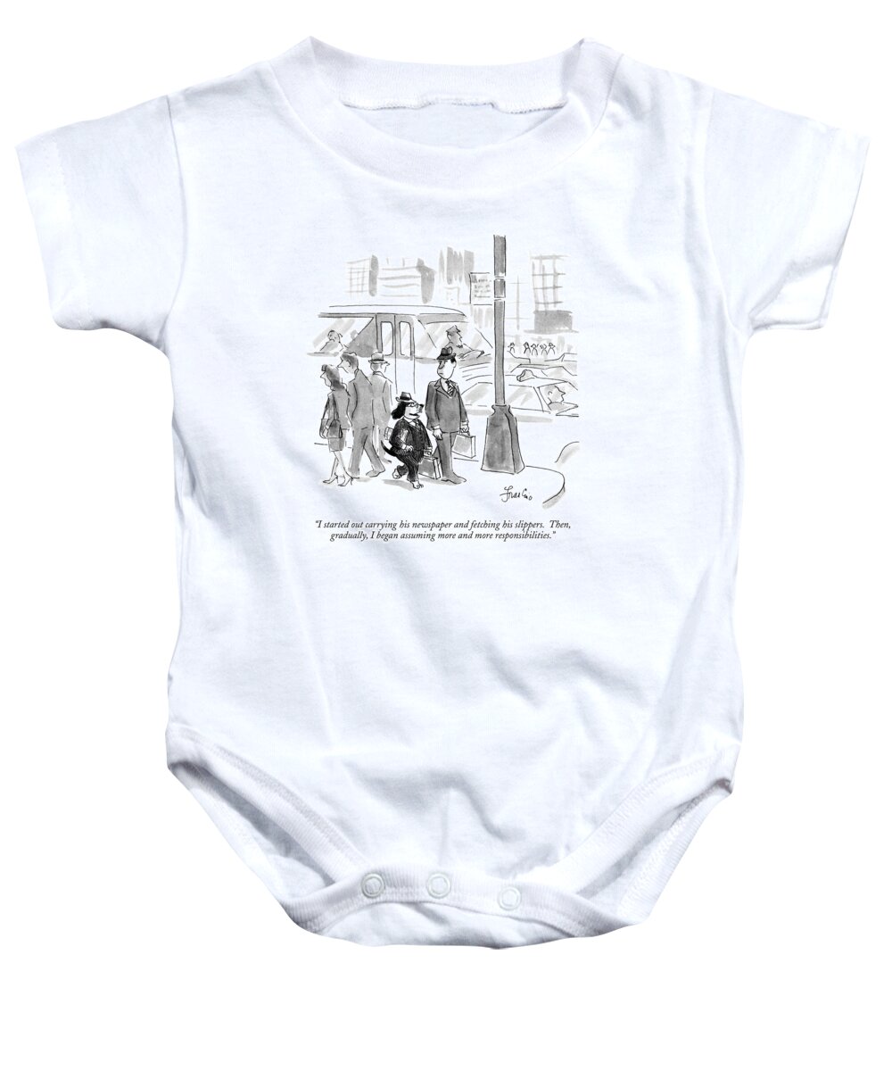 Animals Baby Onesie featuring the drawing I Started Out Carrying His Newspaper And Fetching by Edward Frascino