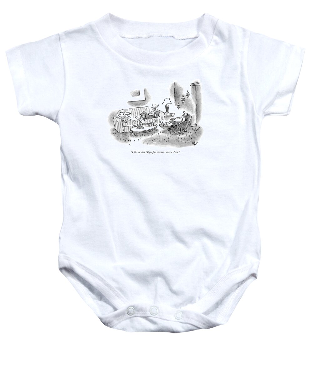 Sports Problems Olympics Incompetents

(woman Talking On Phone About Her Husband Asleep In A Recliner.) 119038 Fco Frank Cotham Sumnerperm Baby Onesie featuring the drawing I Think His Olympic Dreams Have Died by Frank Cotham