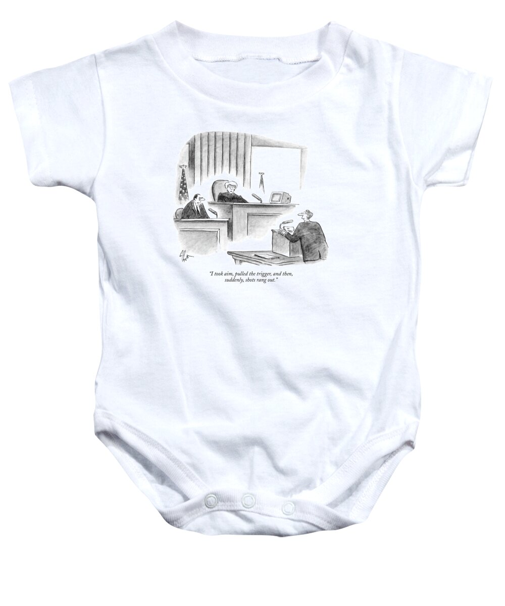 Crime Baby Onesie featuring the drawing I Took Aim, Pulled The Trigger, And Then by Frank Cotham