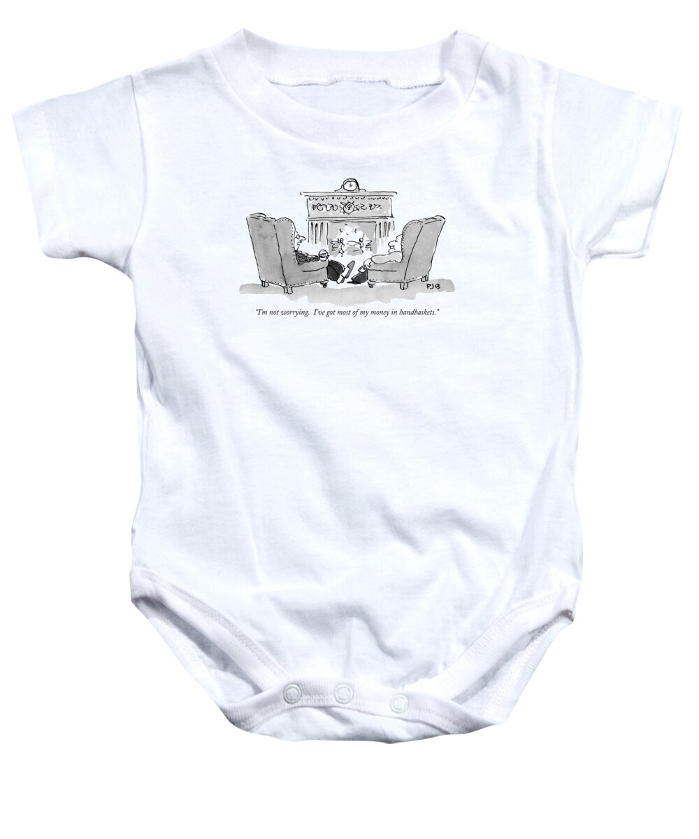 Money Baby Onesie featuring the drawing I'm Not Worrying. I've Got Most Of My Money by Pat Byrnes