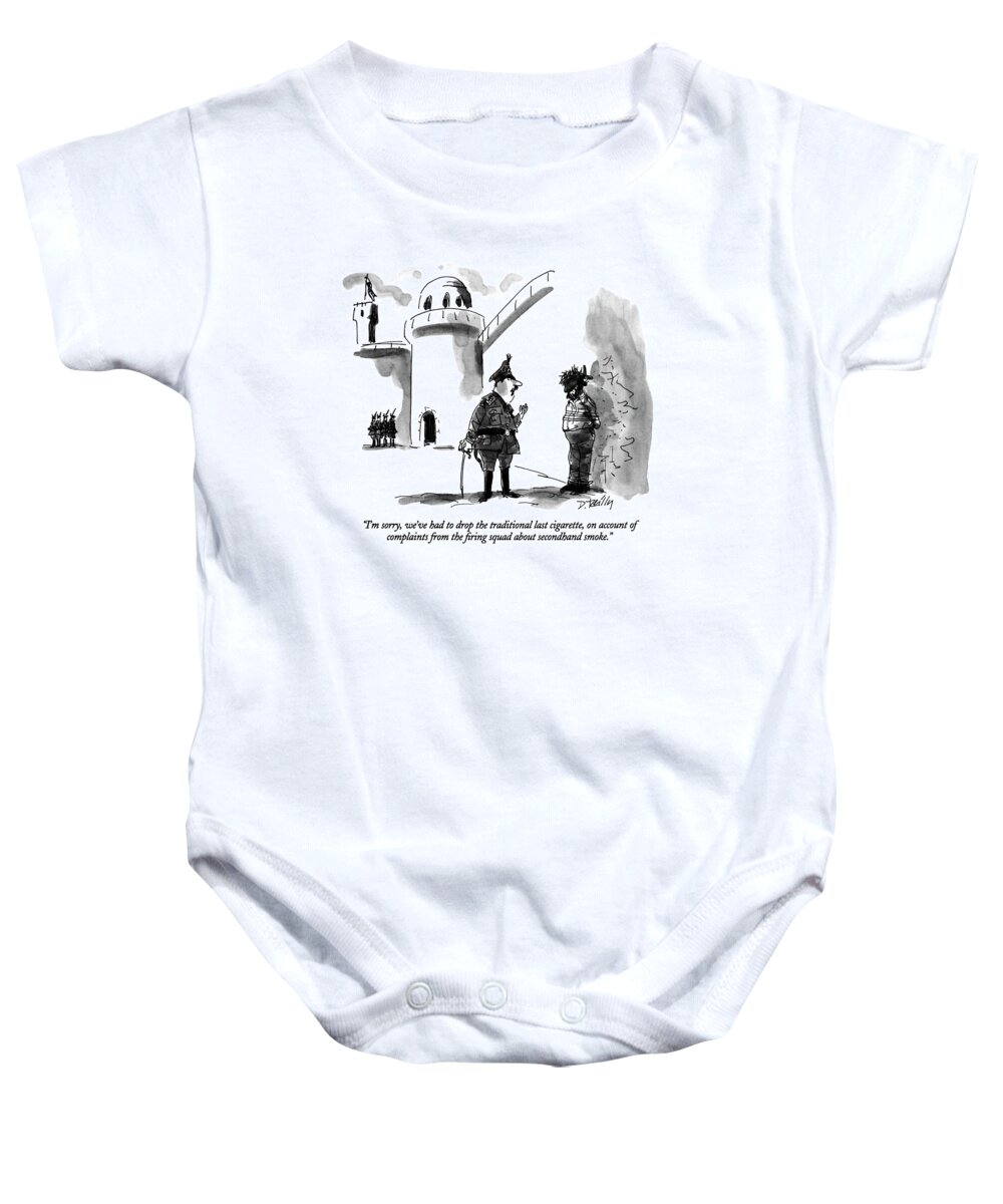 Death Baby Onesie featuring the drawing I'm Sorry, We've Had To Drop The Traditional Last by Donald Reilly