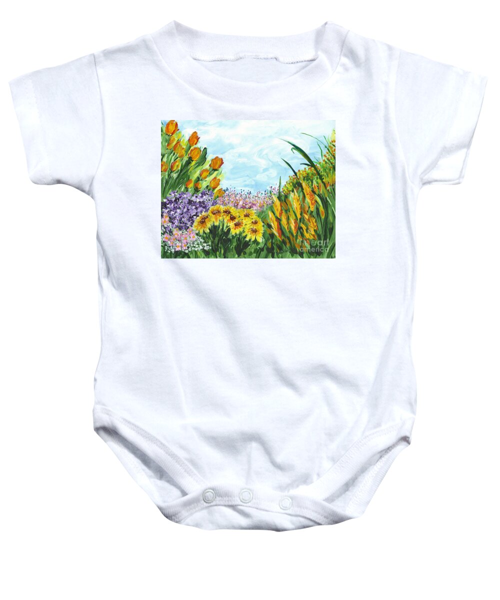 Landscape Baby Onesie featuring the painting In My Garden by Holly Carmichael