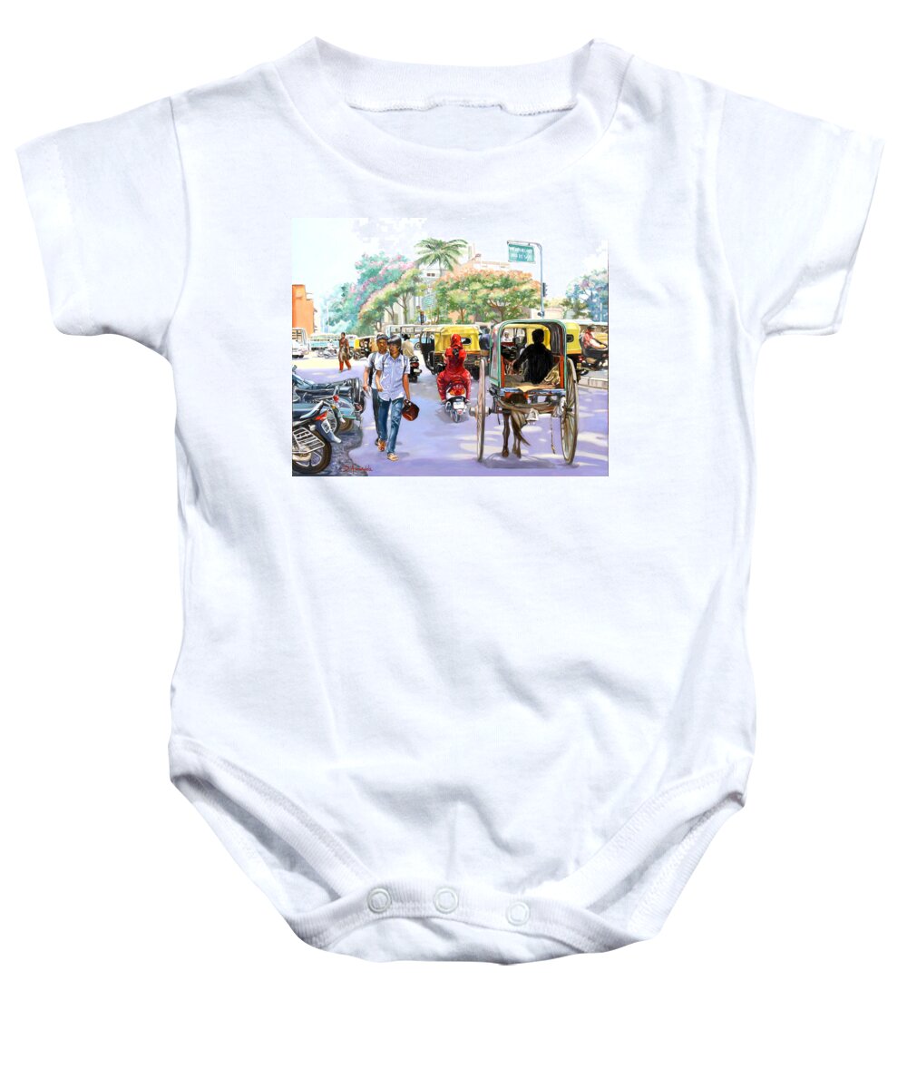 Cityscapes Baby Onesie featuring the painting India Street Scene 3 by Dominique Amendola