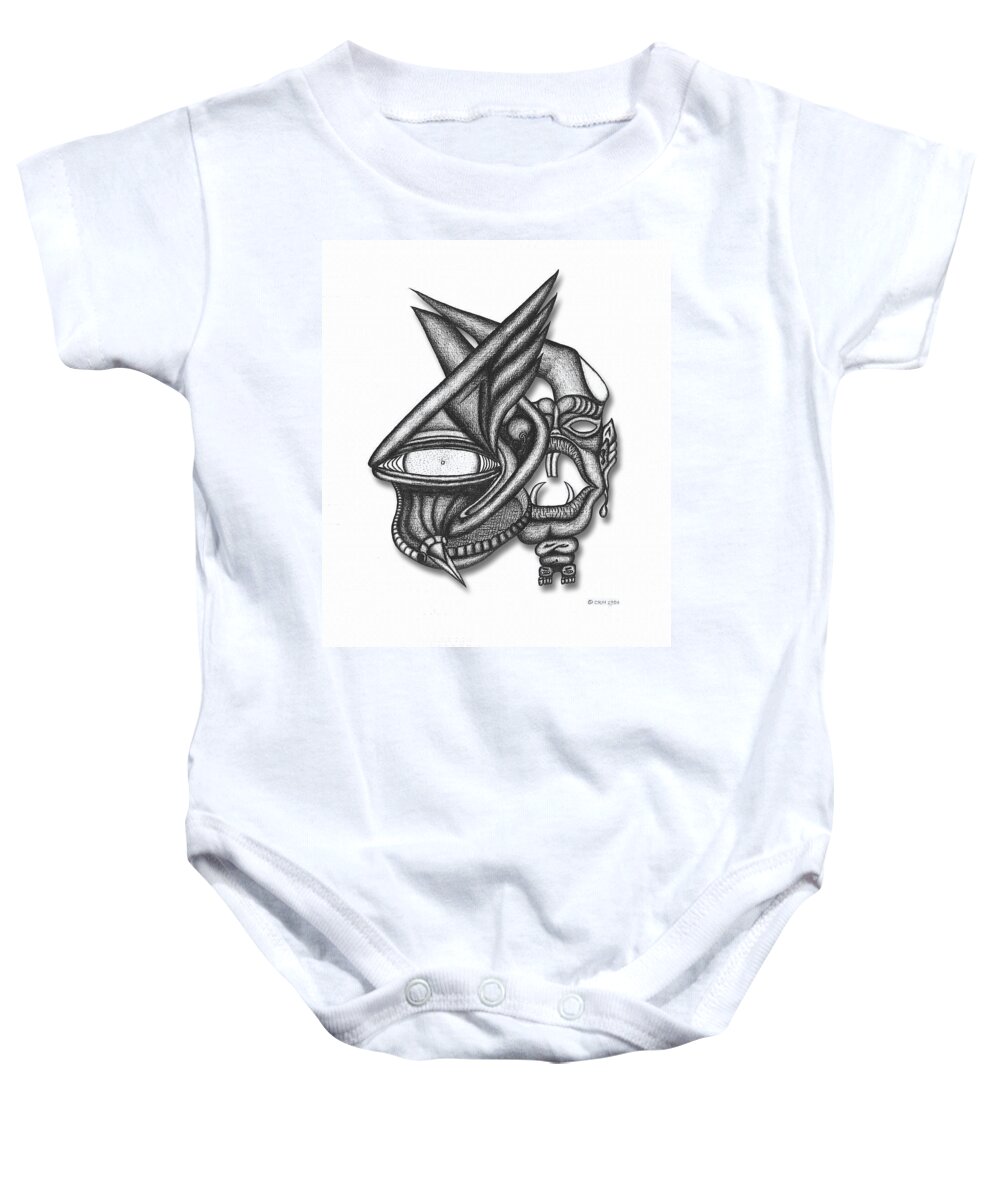 Ion Tiki Baby Onesie featuring the drawing Ion Tiki by Carl Hunter