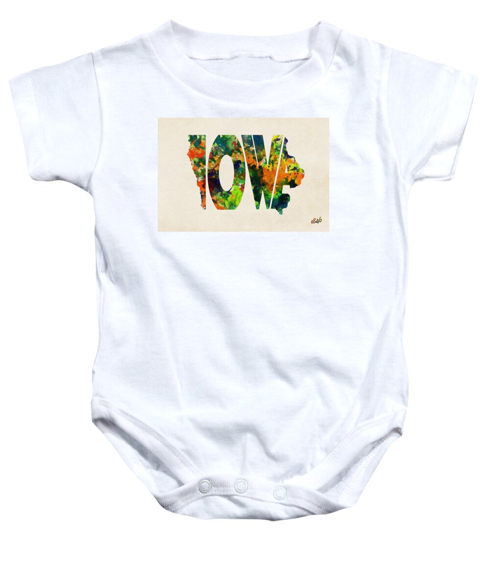 Iowa Baby Onesie featuring the painting Iowa Typographic Watercolor Map by Inspirowl Design