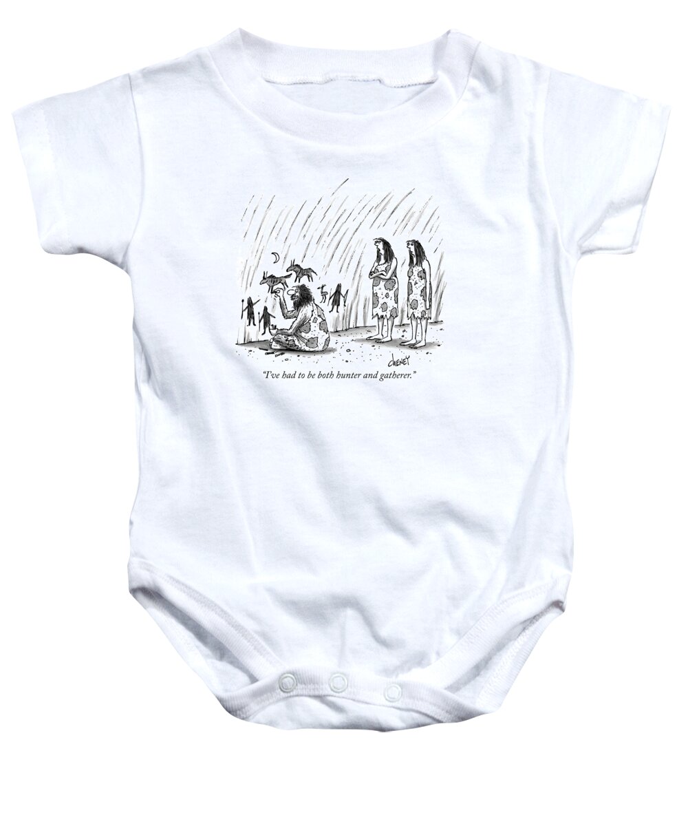 Cavemen Baby Onesie featuring the drawing I've Had To Be Both Hunter And Gatherer by Tom Cheney