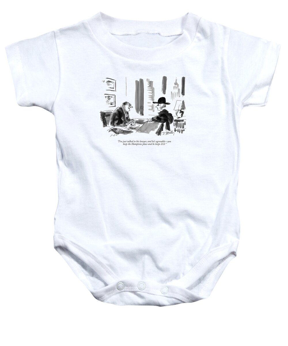 Divorce Baby Onesie featuring the drawing I've Just Talked To His Lawyer by Donald Reilly