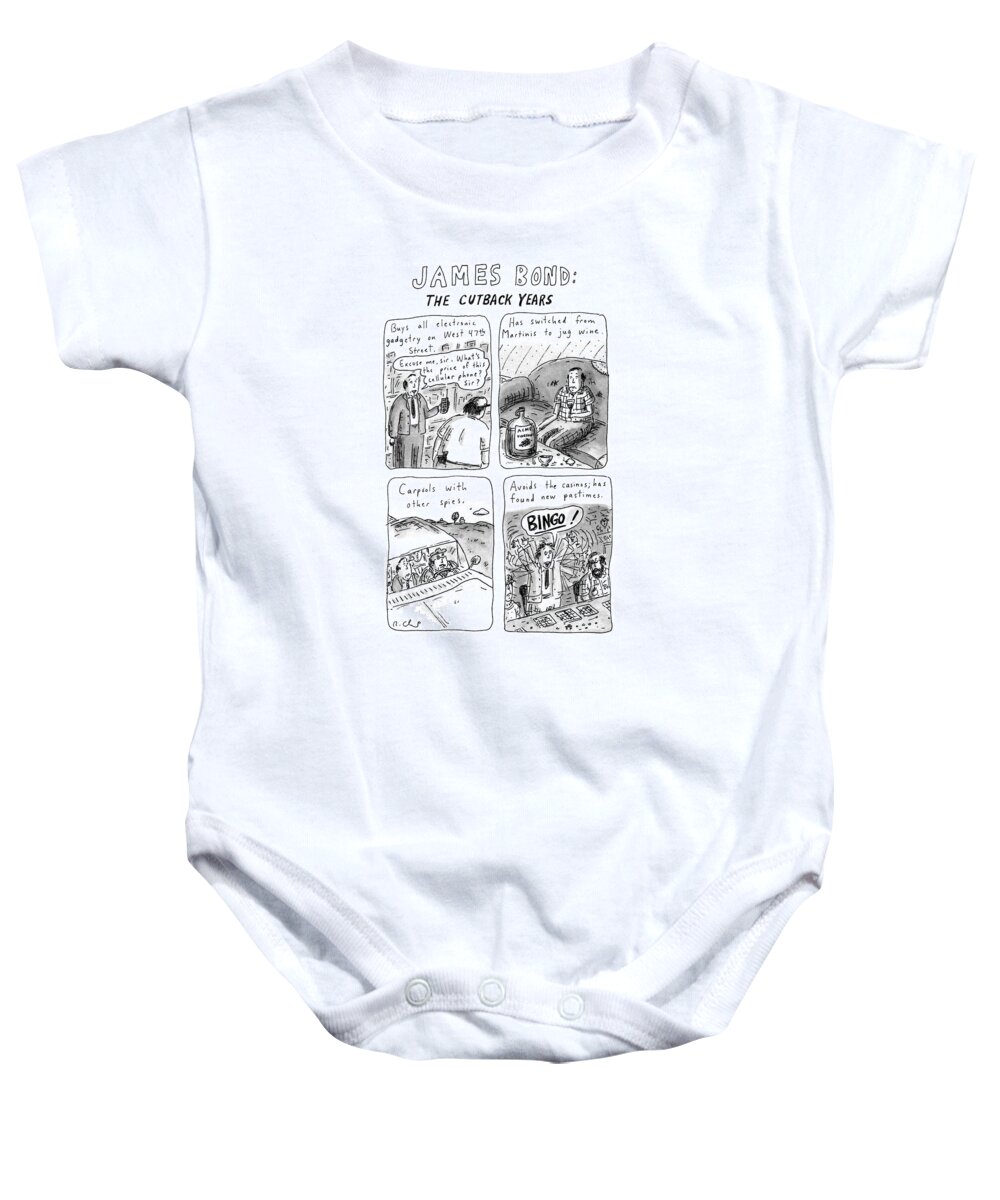 Money Baby Onesie featuring the drawing James Bond: The Cutback Years by Roz Chast