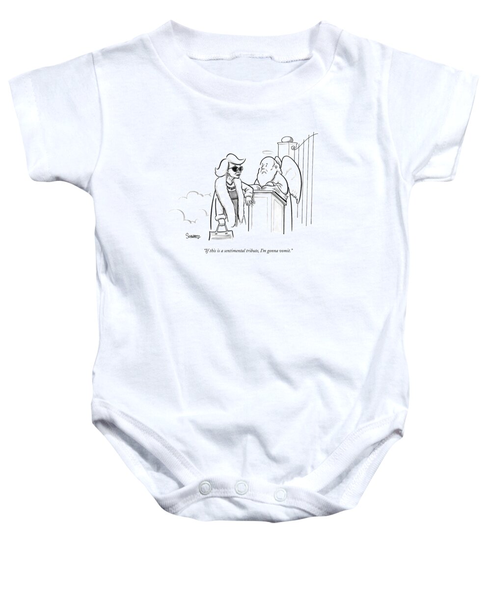 Joan Rivers Baby Onesie featuring the drawing Joan Rivers At The Gates Of Heaven by Benjamin Schwartz