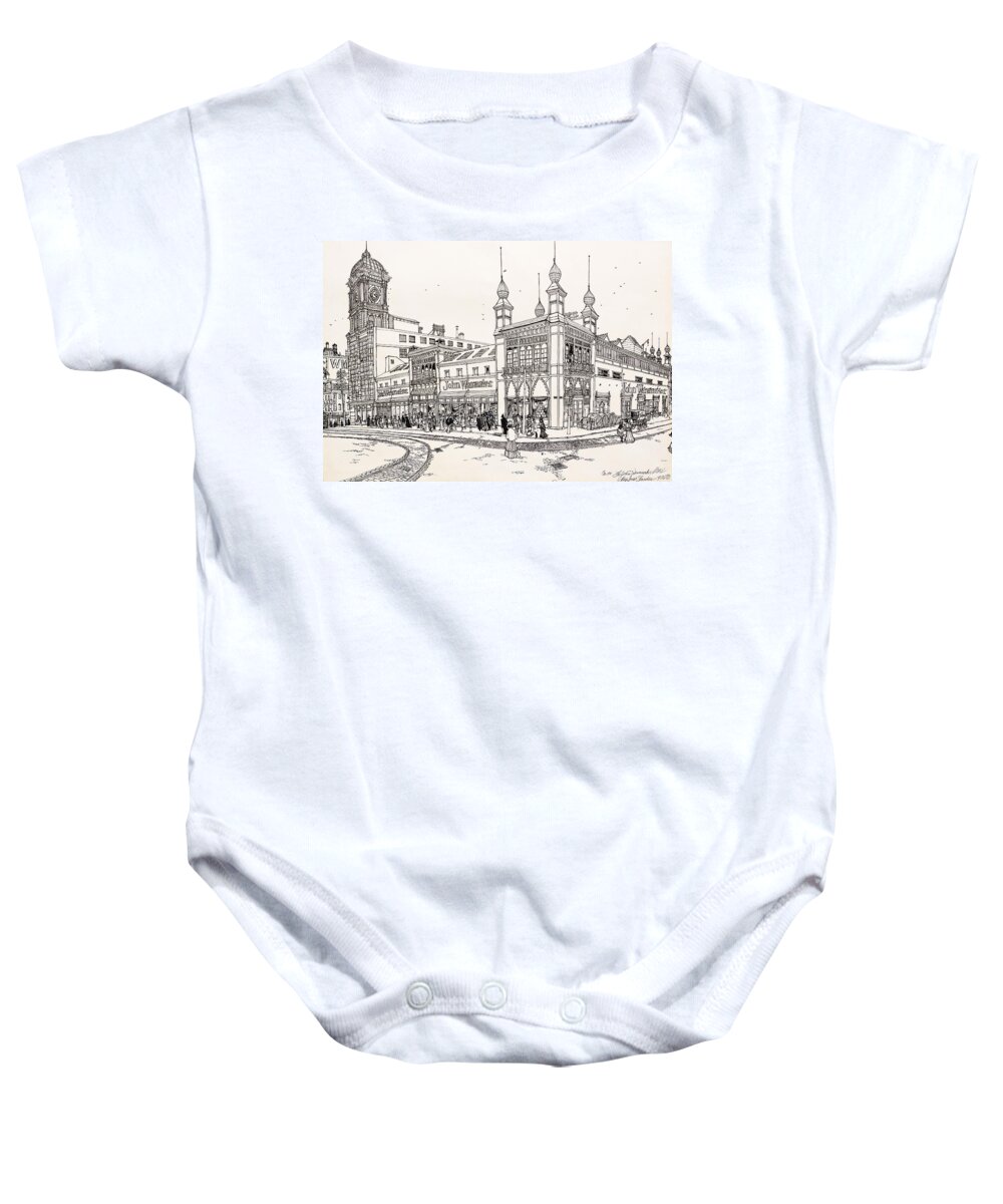 Old Philadelphia Baby Onesie featuring the drawing John Wanamaker's Grand Depot by Ira Shander