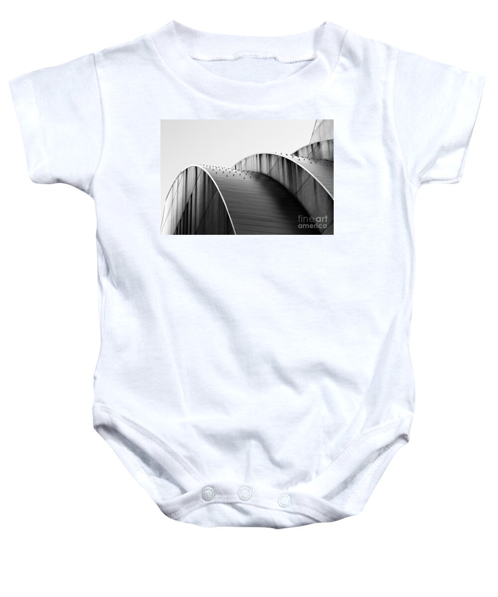 Kauffman Center For The Performing Arts Baby Onesie featuring the photograph Kauffman Center Black and White Curves Photography by Catherine Sherman