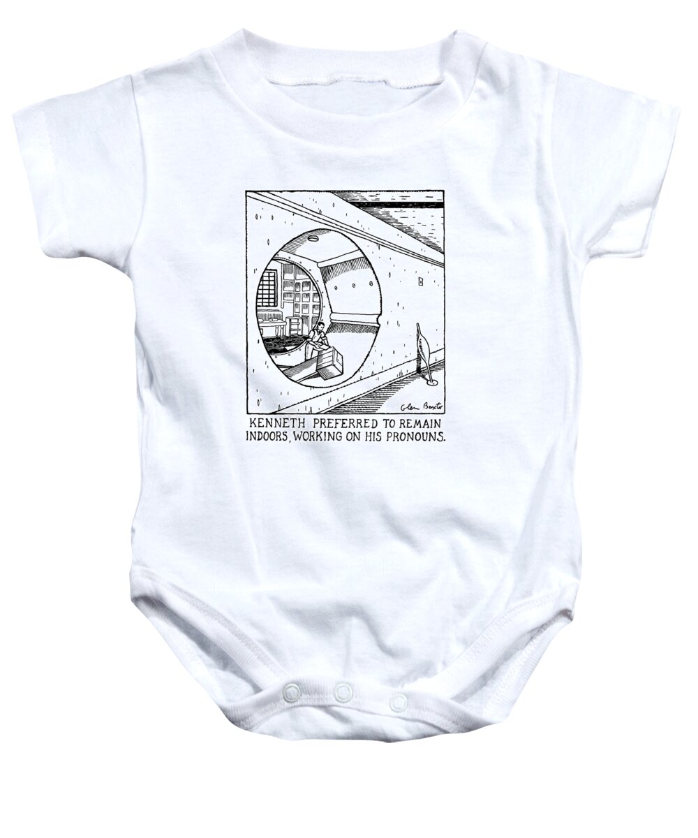 
Title: Kenneth Preferred To Remain Indoors Baby Onesie featuring the drawing Kenneth Preferred To Remain Indoors by Glen Baxter