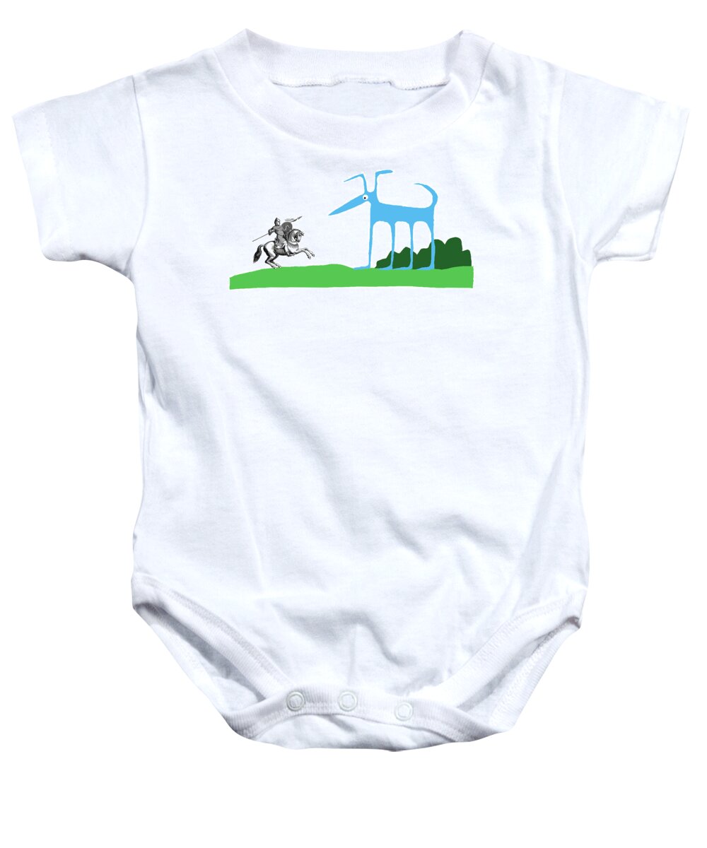 Knight Baby Onesie featuring the digital art Knight With Armor And Cartoon Dog Facing Each by Charles Barsotti