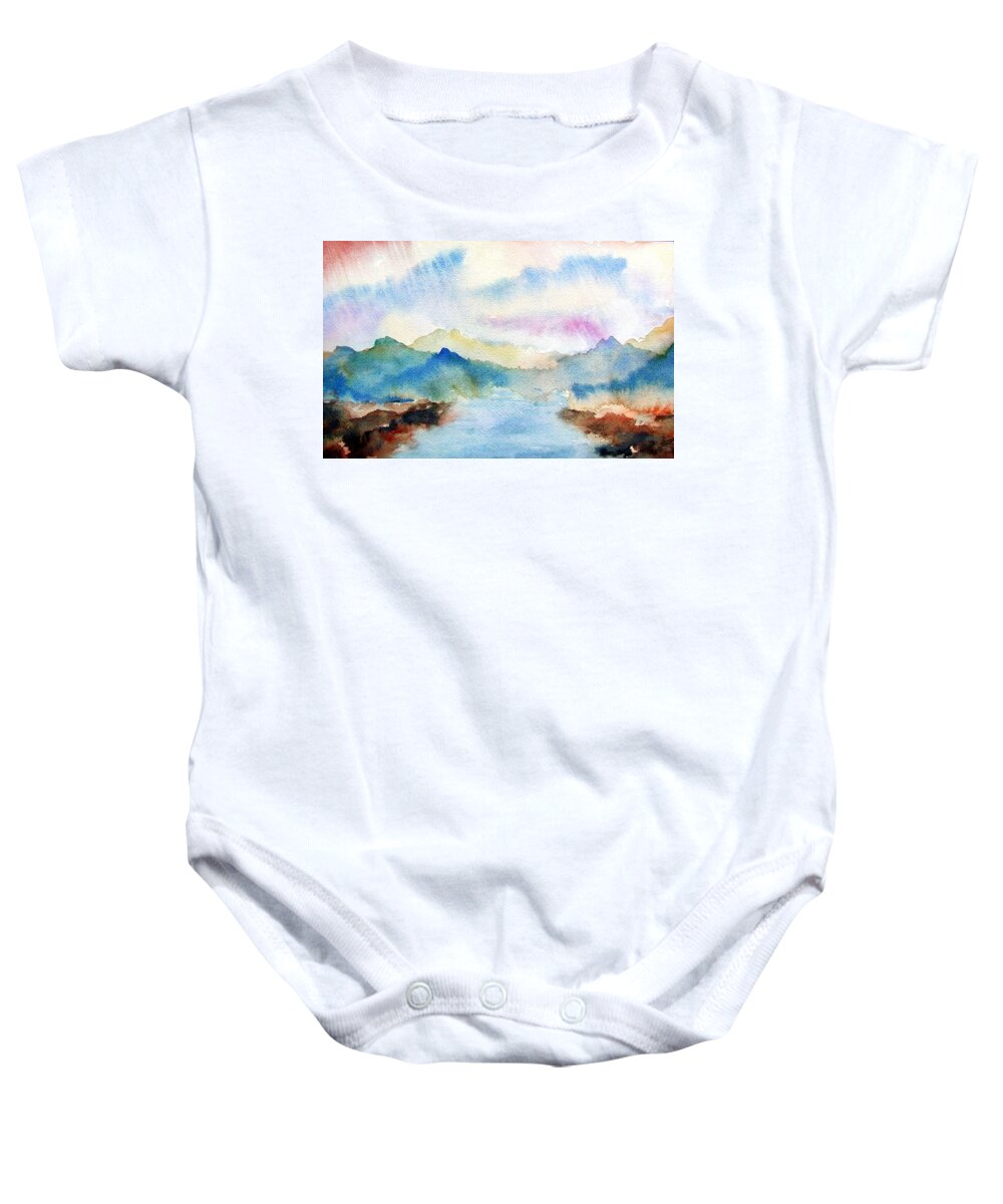 Lake Baby Onesie featuring the painting Lake Chuzenji Nikko by Anna Ruzsan