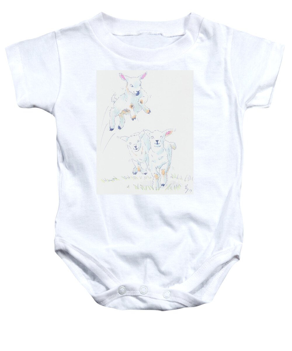 Lambs Baby Onesie featuring the drawing Leaping Lamb Cartoon by Mike Jory