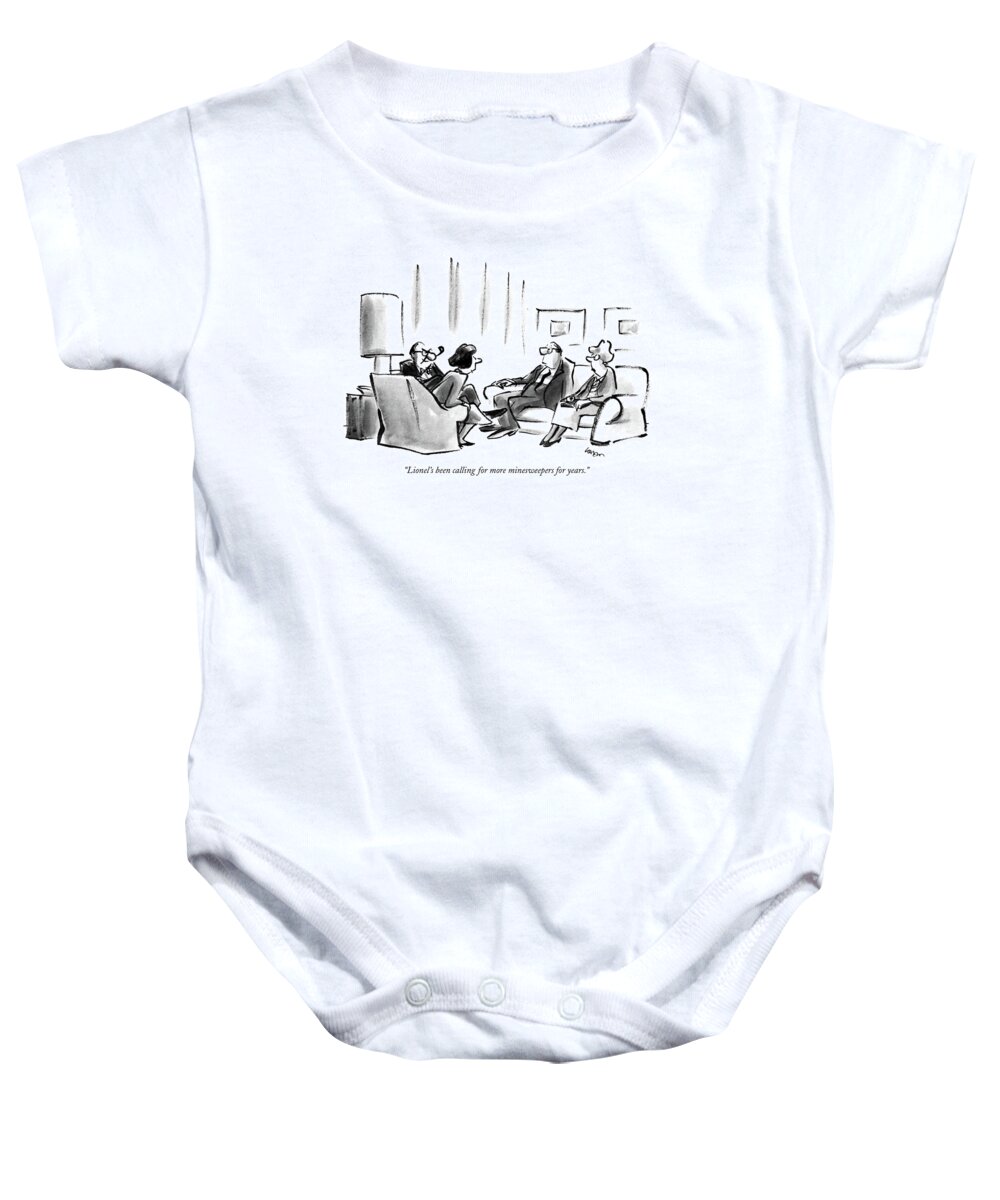 

 Two Middle-aged Couples Sitting In A Living Room. One Wife Speaks To The Other. Joke Refers To Current Tensions In The Persian Gulf Where U.s. Ships Are Escorting Kuwaiti Oil Tankers. 
Men Baby Onesie featuring the drawing Lionel's Been Calling For More Minesweepers by Lee Lorenz