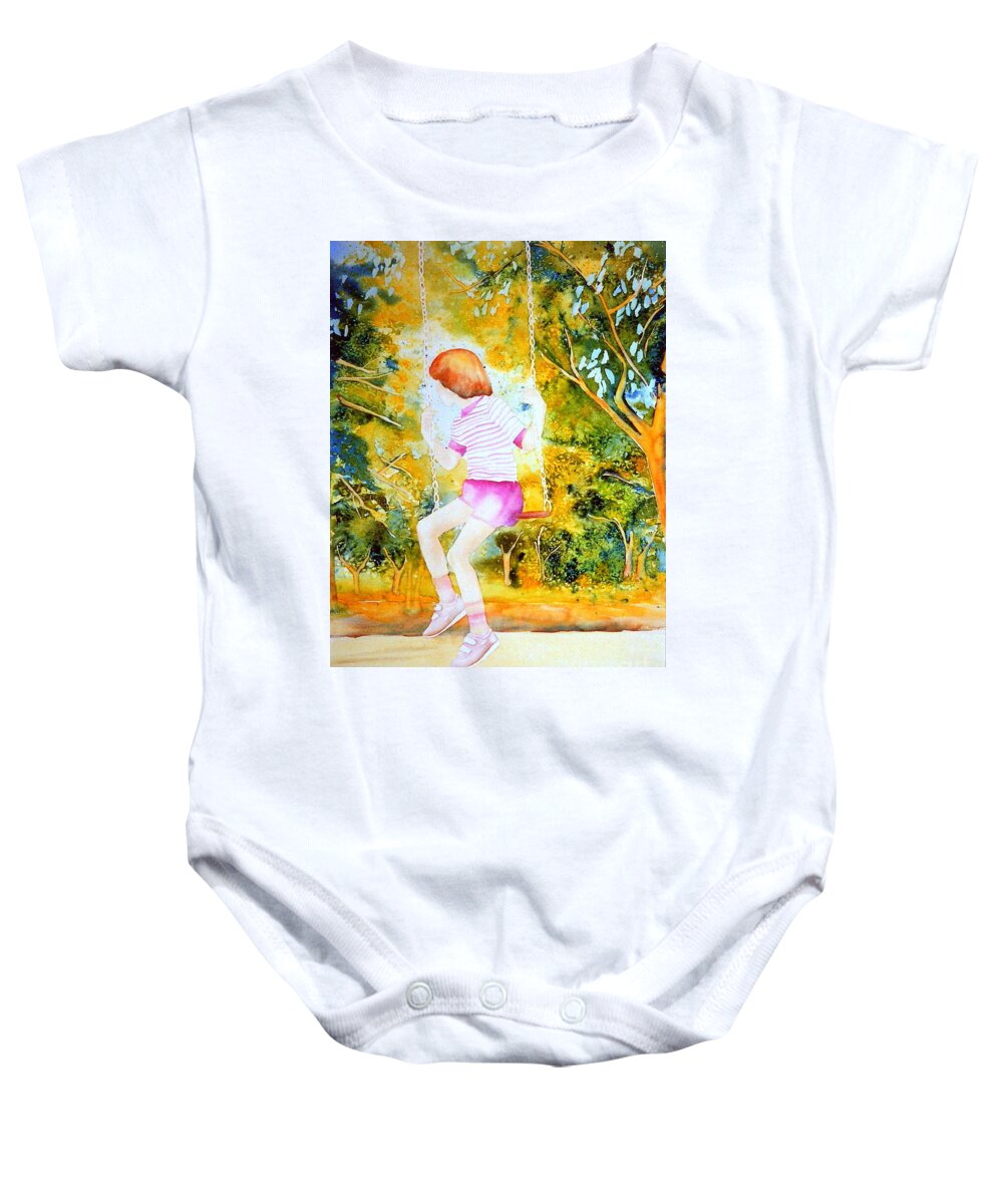 Westmount Baby Onesie featuring the painting Little Girl On The Park Swing Westmount Quebec City Scene Montreal Art by Carole Spandau