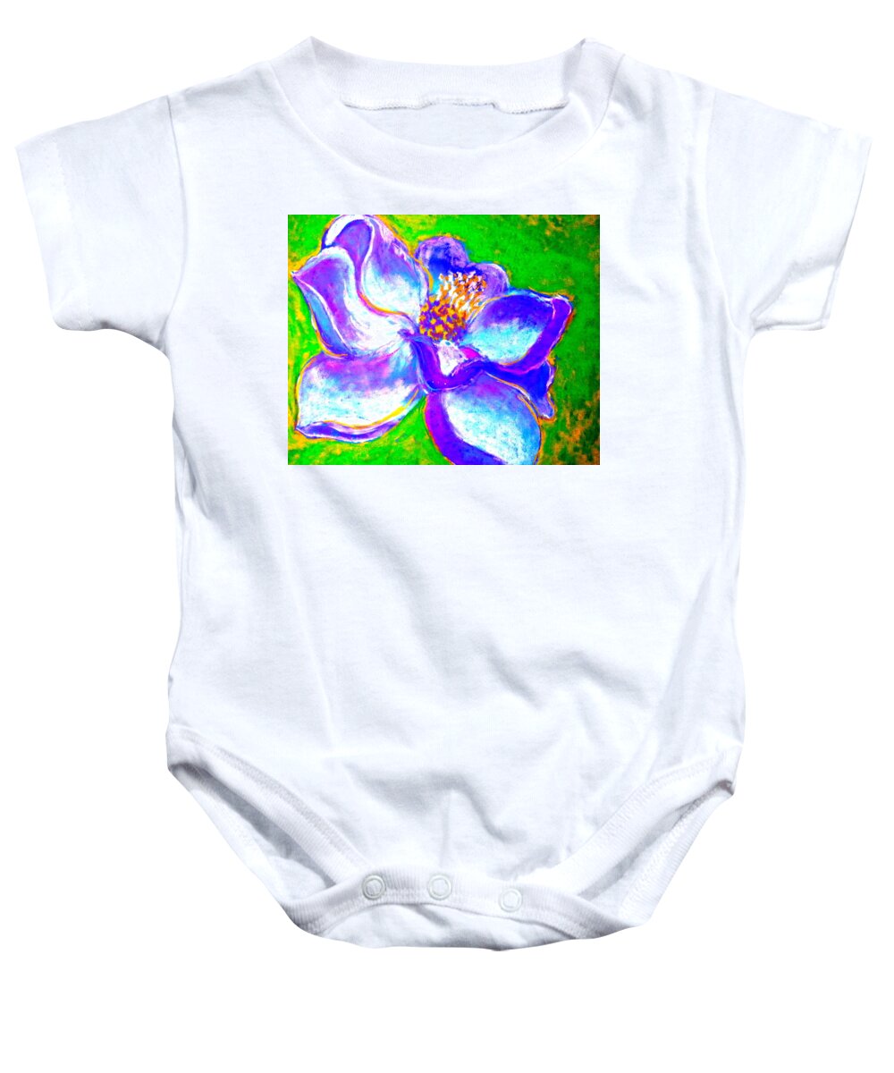 White Child's-room Childs Child's Room Vivid Drawing Sketch Loose Distinctive Funny Fun Cheerful Brighten Purple Blue Green Flowers Floral Flora Flowery Sun-flowery Living-room Bedroom Summer Spring Fall Autumn Sojisch Sun-flower Sun Baby Onesie featuring the painting Magnolia Flower by Sue Jacobi