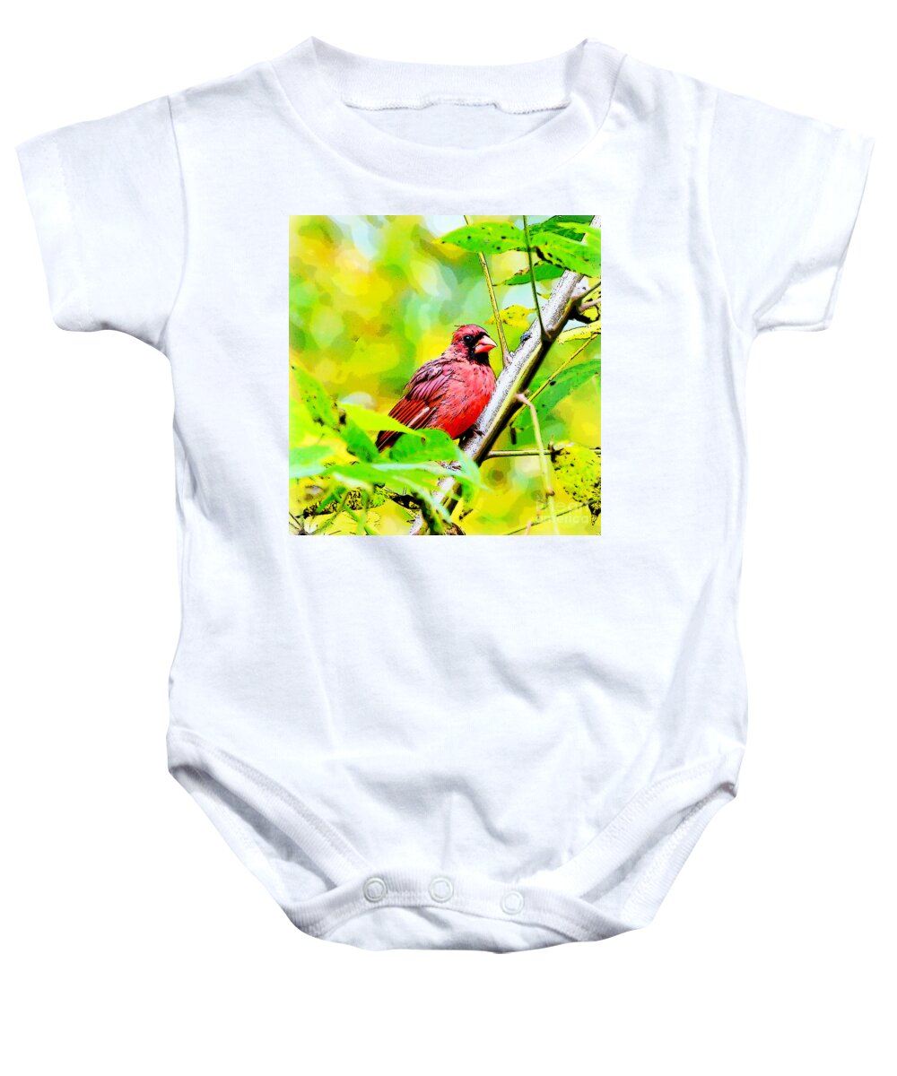 Male Cardinal Baby Onesie featuring the photograph Male Cardinal - Artsy by Kerri Farley