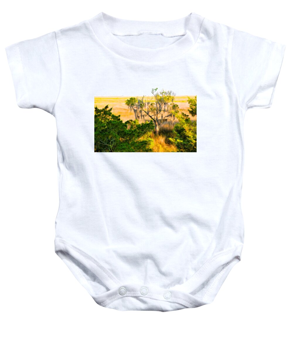 Marsh Baby Onesie featuring the photograph Marsh Cedar Tree and Moss by Ginger Wakem