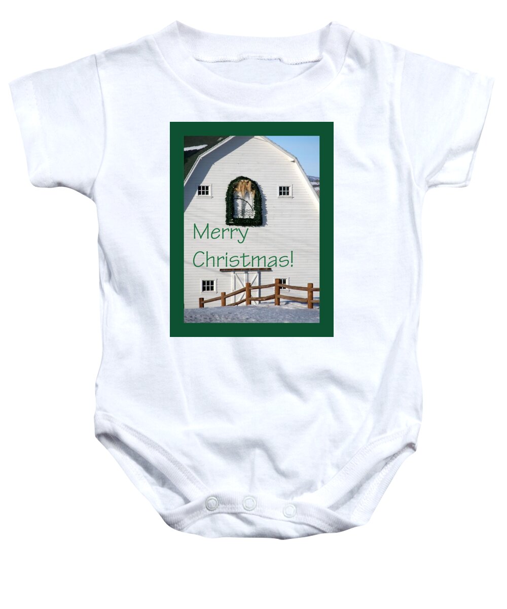 Celebrate Baby Onesie featuring the photograph Merry Christmas Barn Green Border 1186 by Jerry Sodorff