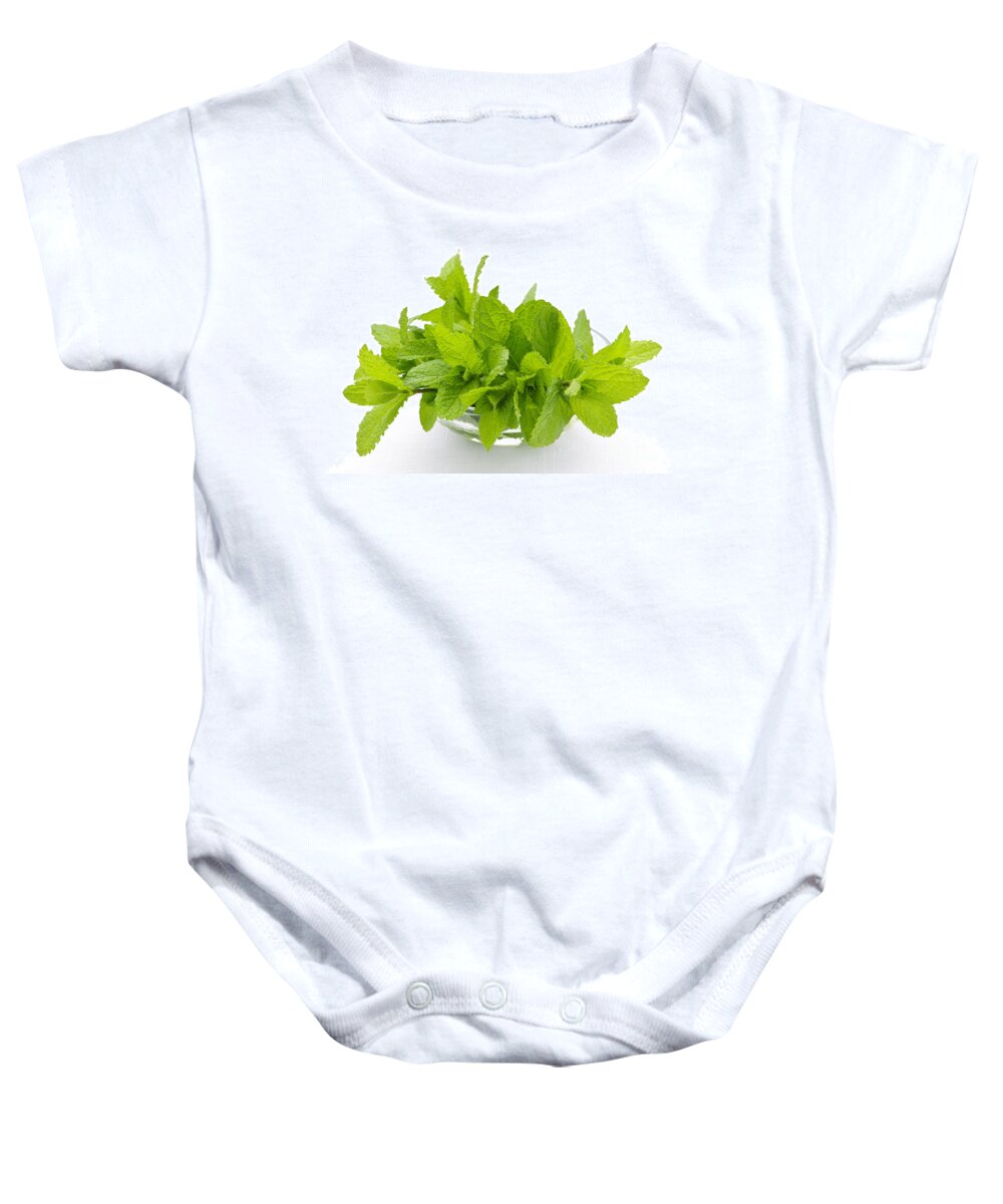 Mint Baby Onesie featuring the photograph Mint sprigs in bowl by Elena Elisseeva