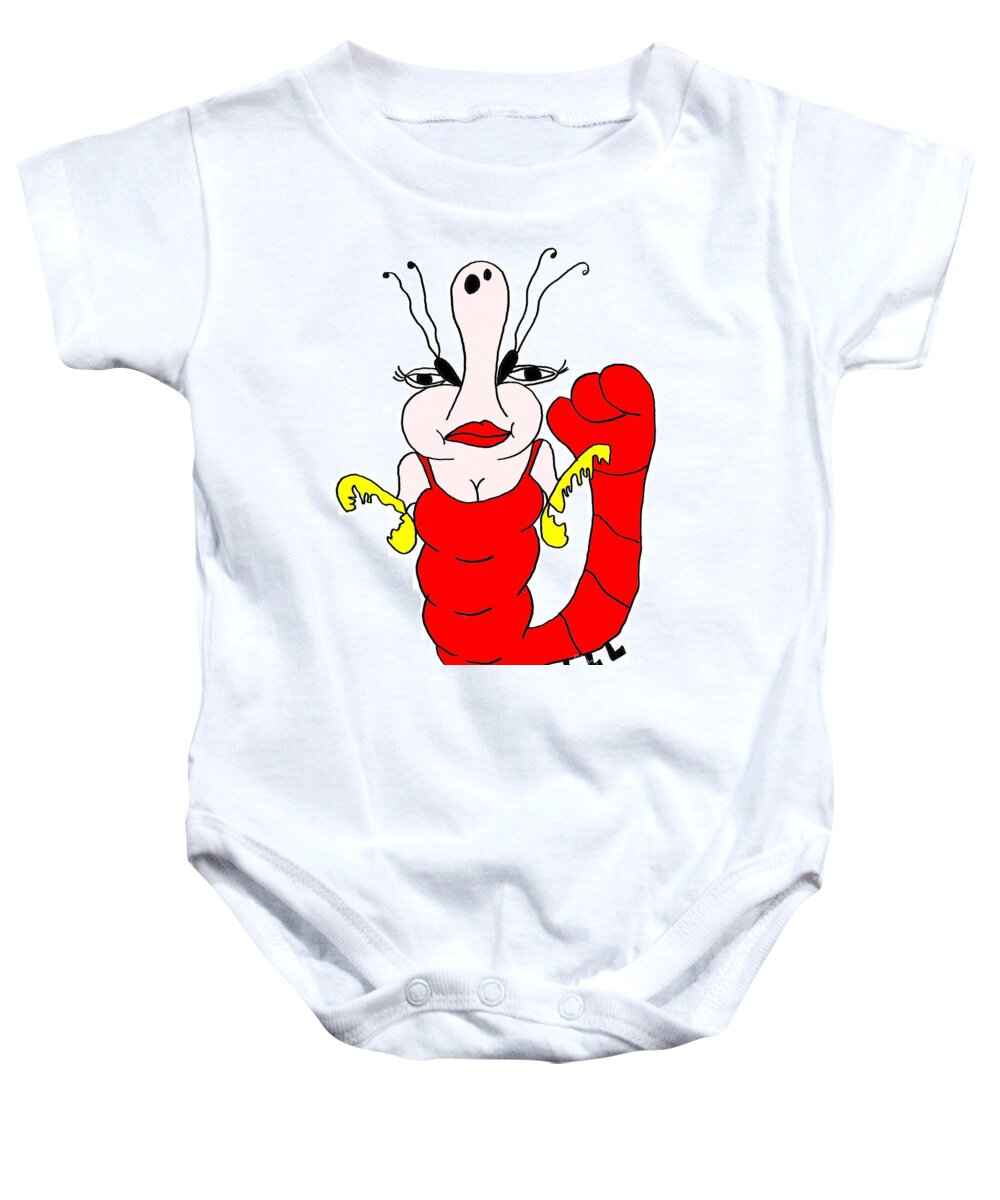 Abstract Colorful Painting Miss Shrimp By Happy Fish Baby Onesie featuring the drawing Miss Shrimp by Donna Daugherty