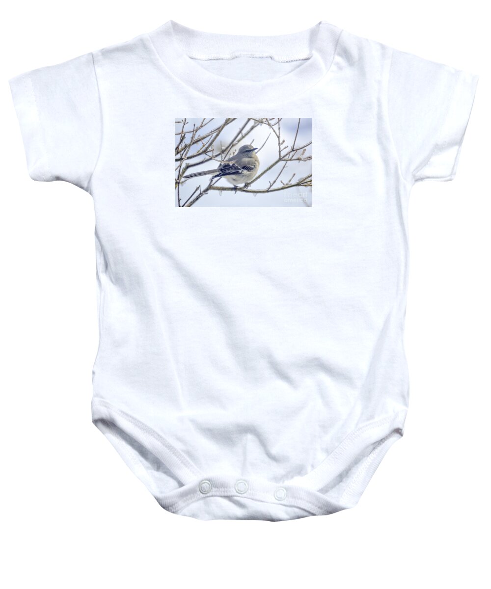 Tree Branches Baby Onesie featuring the photograph Mockingbird on Ice by Lynellen Nielsen