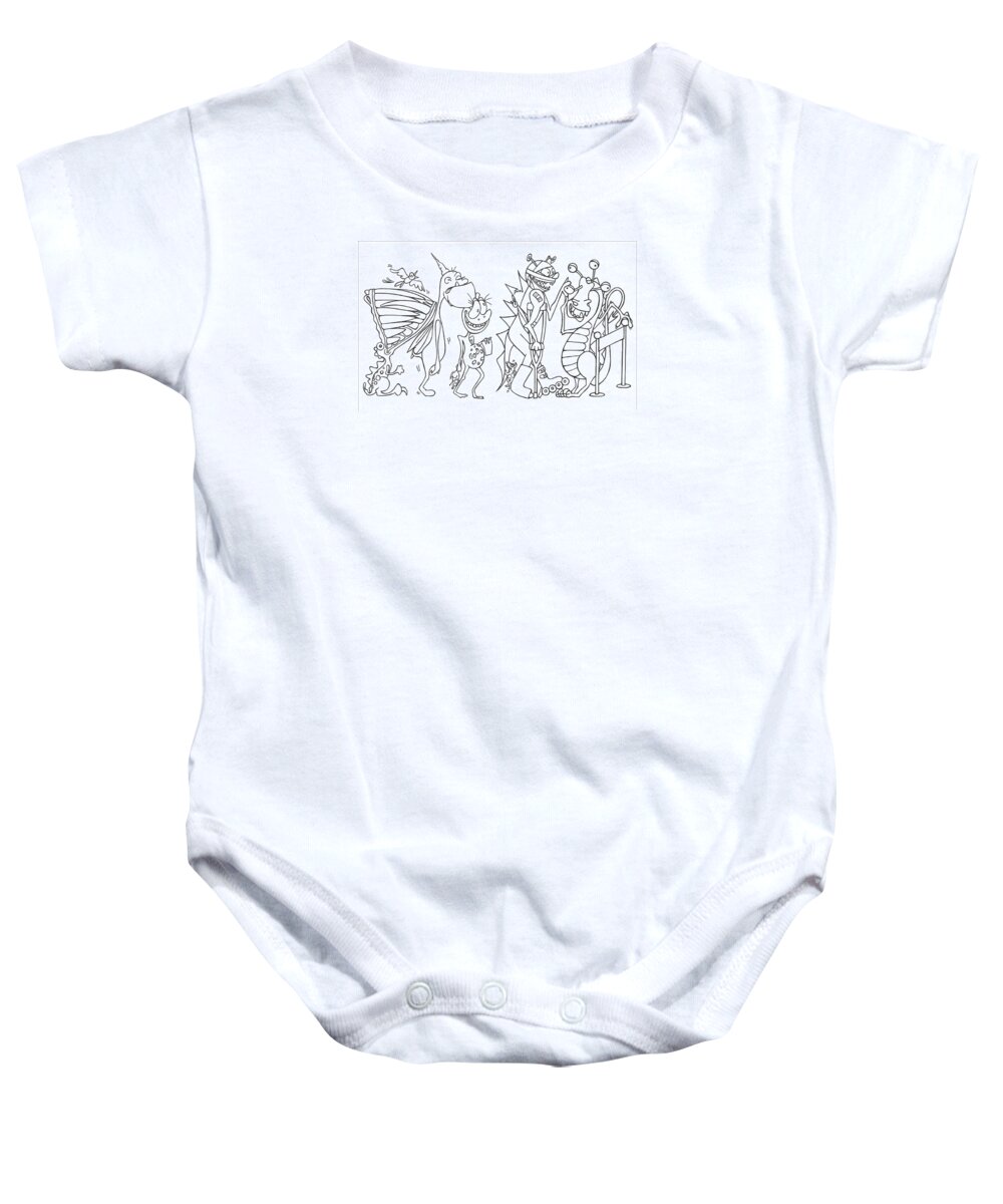 Monster Baby Onesie featuring the drawing Monster queue by Konni Jensen