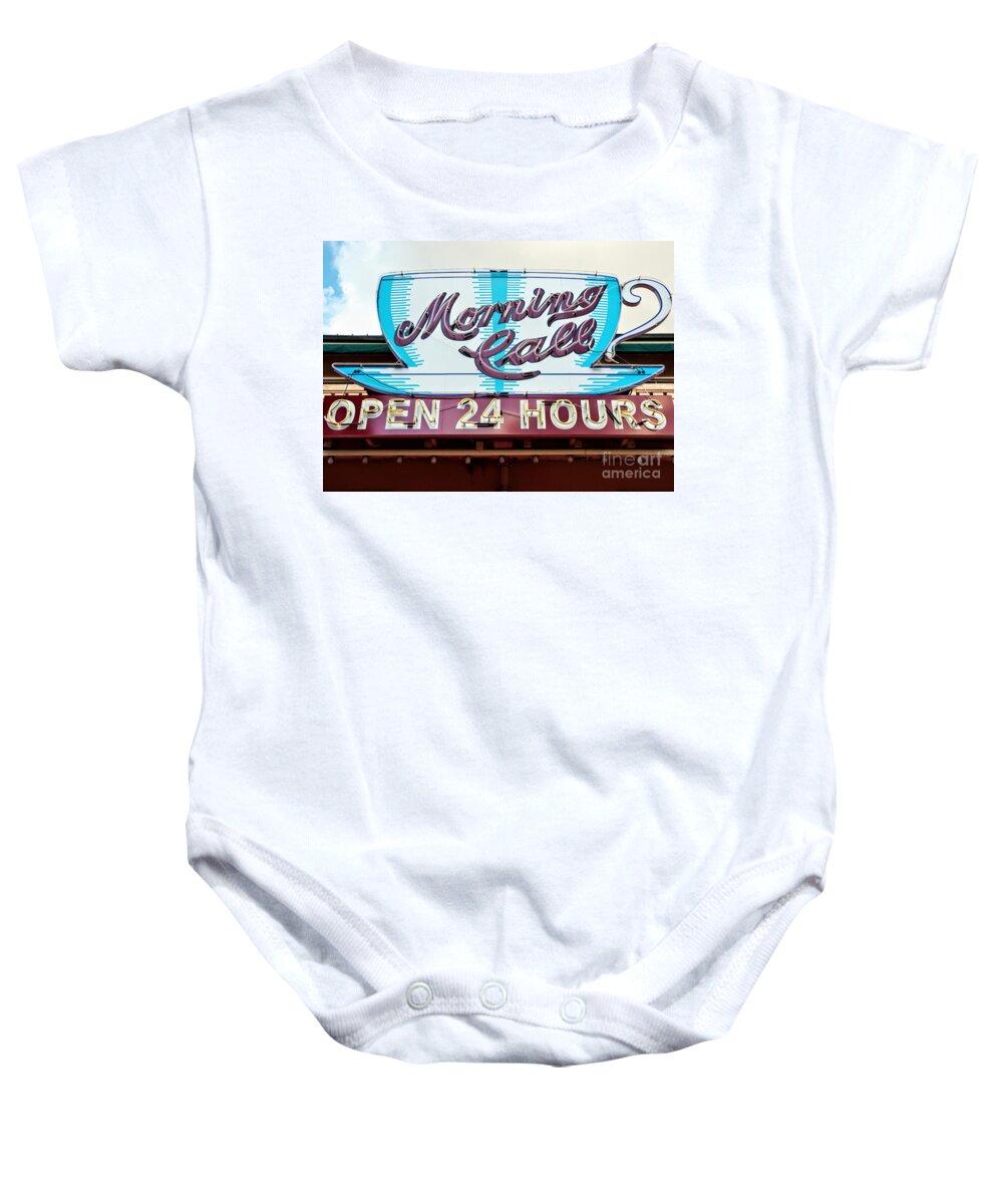 Morning Call Baby Onesie featuring the photograph Morning Call Neon Cup Sign in New Orleans by Kathleen K Parker