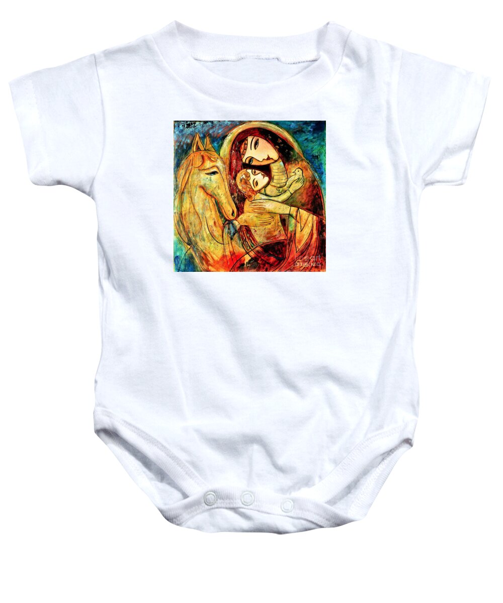 Mother And Child Baby Onesie featuring the painting Mother with Child on horse by Shijun Munns