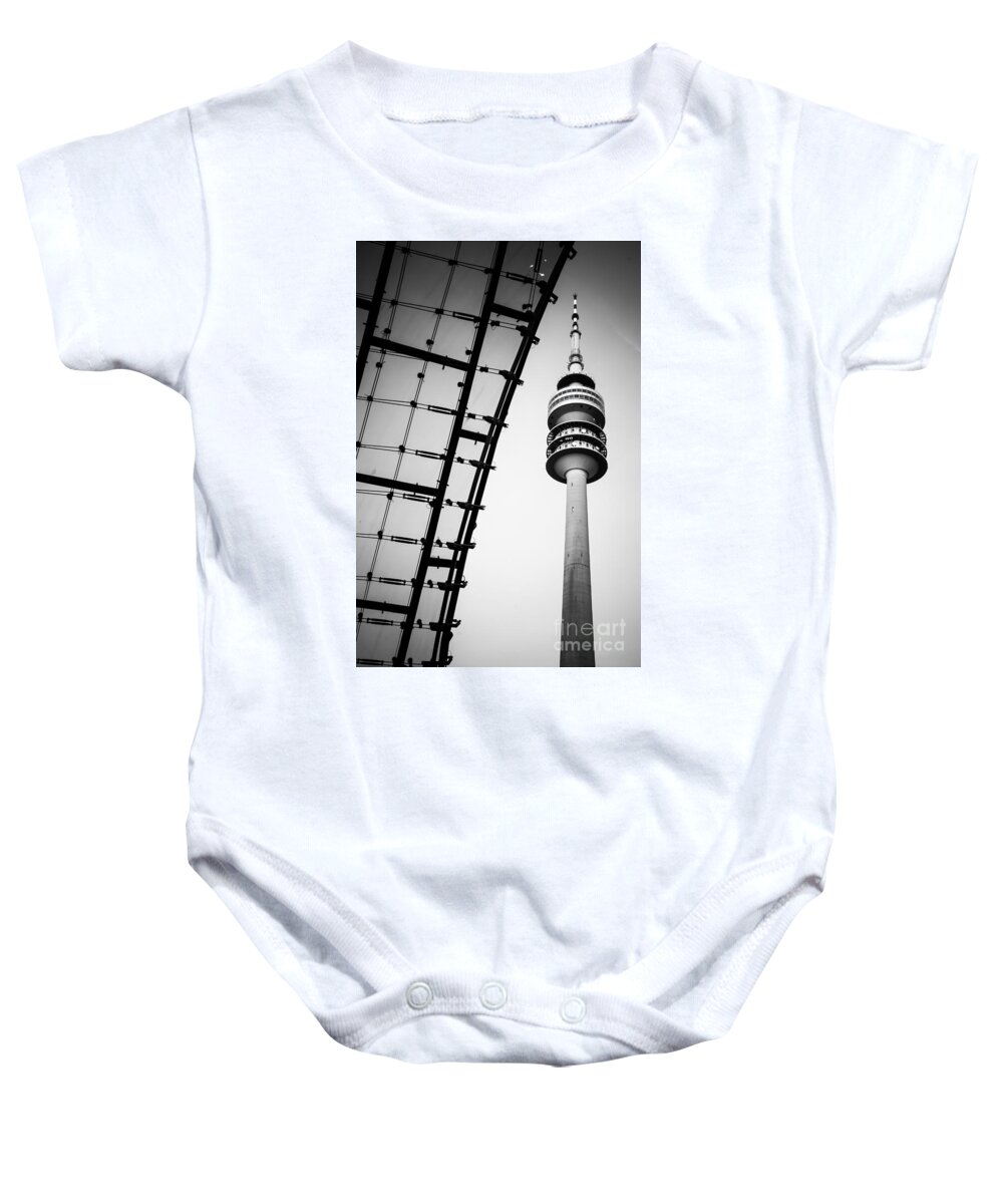 Architecture Baby Onesie featuring the photograph Munich - Olympiaturm And The Roof - Bw by Hannes Cmarits