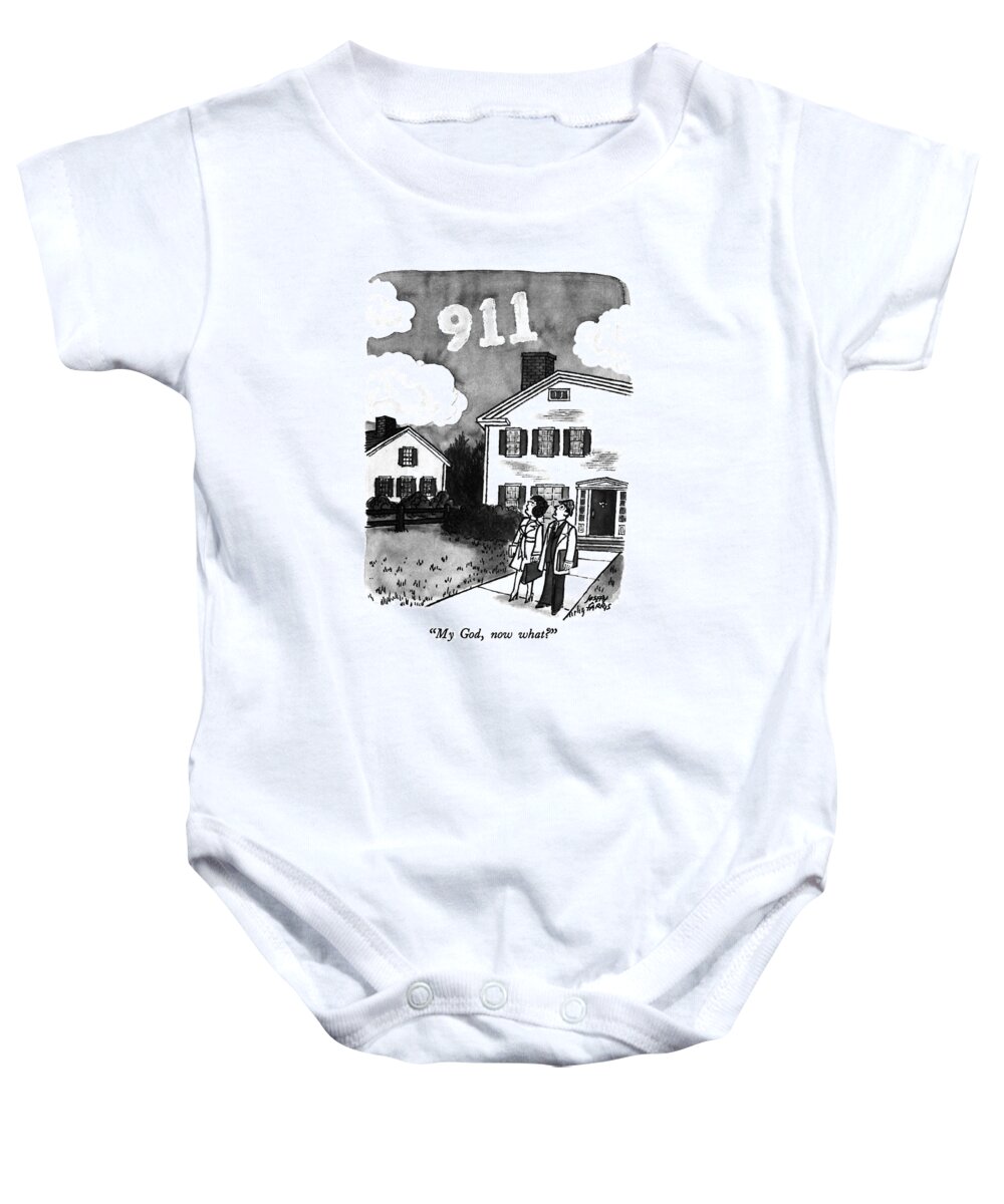 

 A Man And Woman Step Out Of Their House And See A Cloudlike Formation Of In The Sky And Wonder Wheat To Make Of It. Nature Baby Onesie featuring the drawing My God, Now What? by Joseph Farris