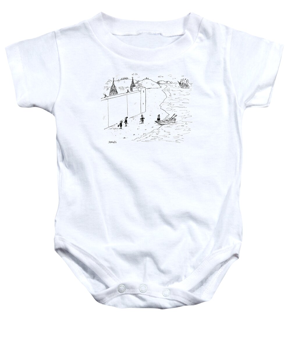 Cartoon Baby Onesie featuring the drawing Native Americans Behind Wall by David Sipress