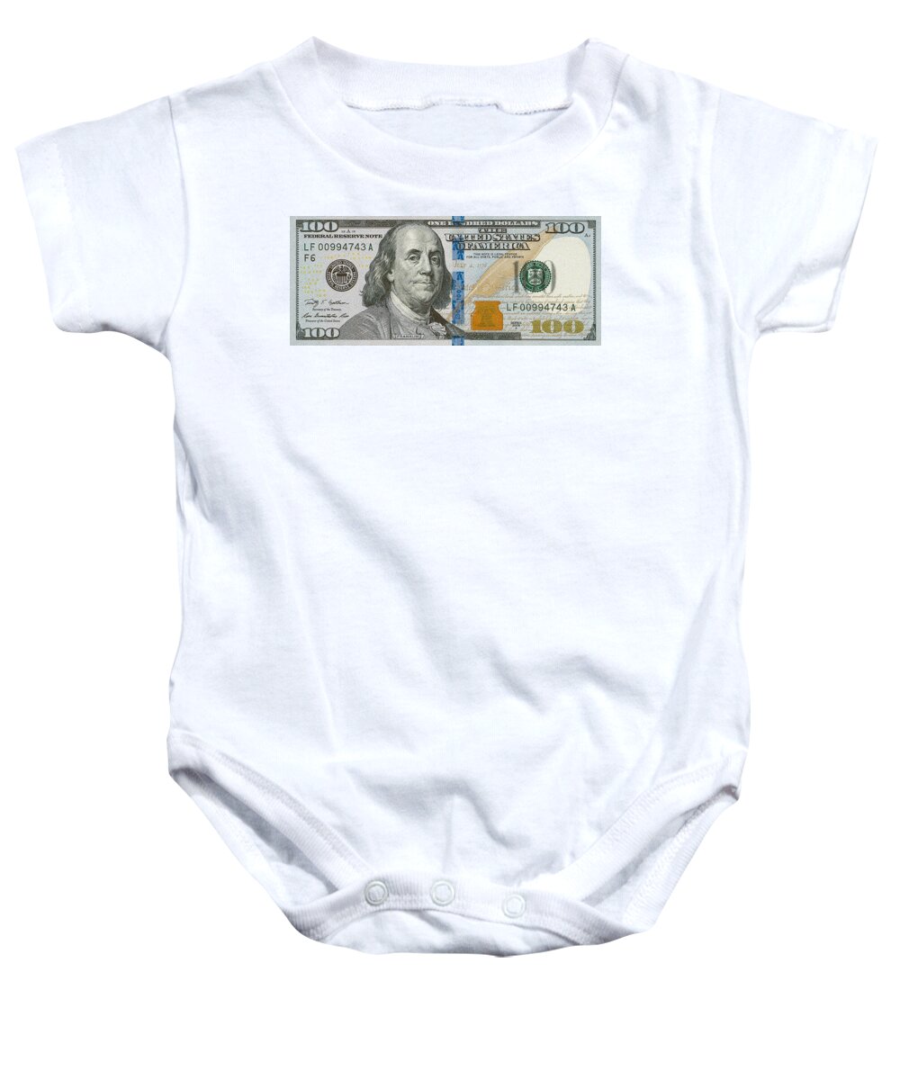 C7 Paper Currency Baby Onesie featuring the digital art New 2009 Series One Hundred US Dollar Bill by Serge Averbukh