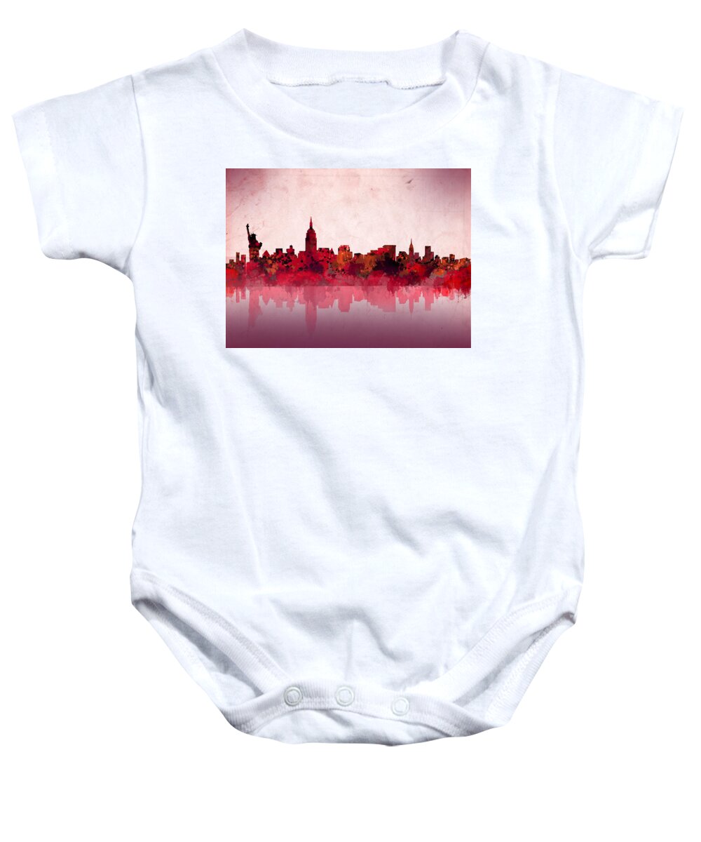 New York Baby Onesie featuring the painting New York Skyline Red by Bekim M