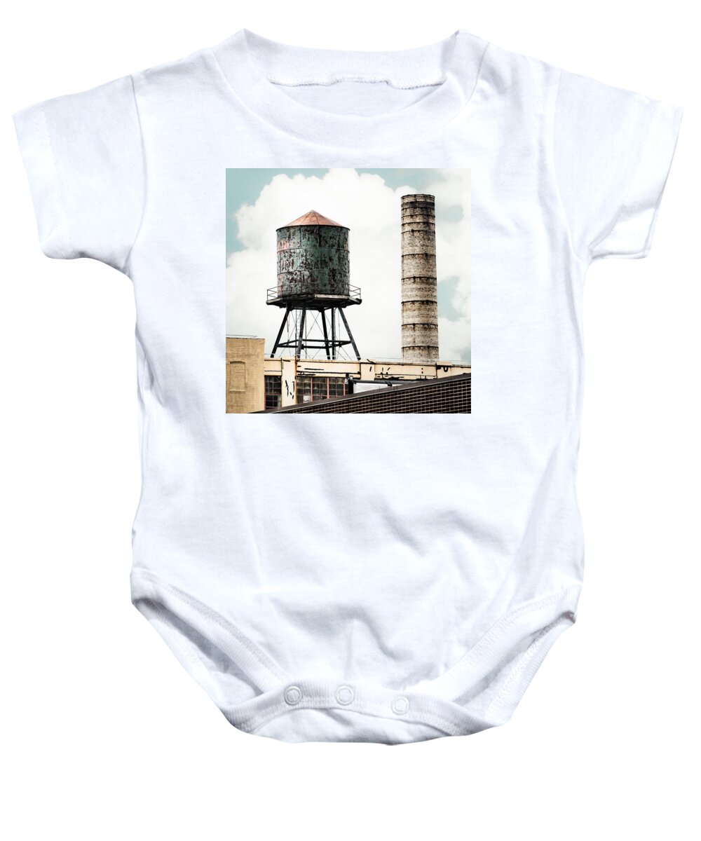 Water Towers Baby Onesie featuring the photograph Water Tower and SmokeStack in Brooklyn New York - New York Water Tower 12 by Gary Heller