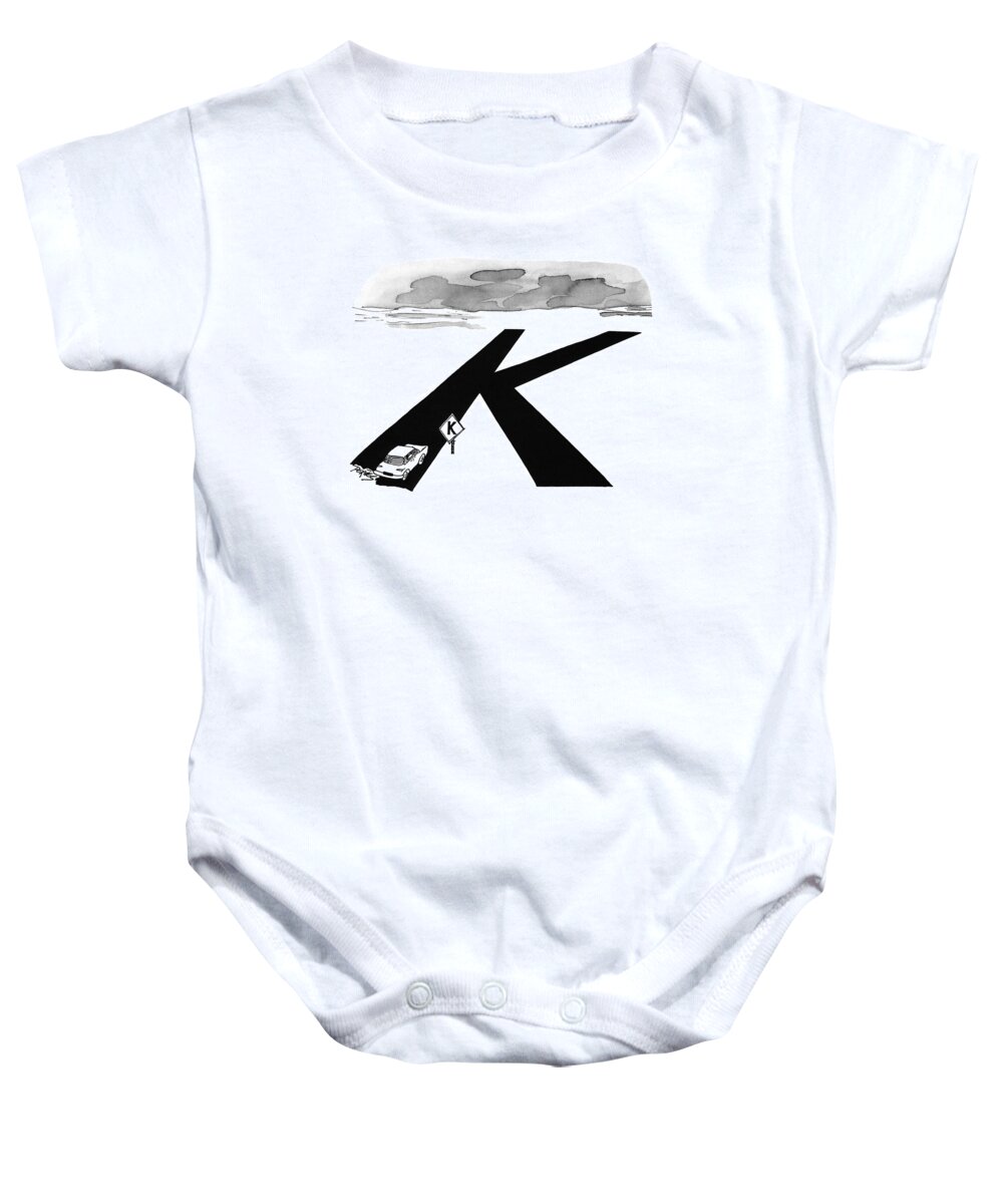 (car Comes To A Road Sign That Has Its Intersection Symbol Shaped Like A 'k' Baby Onesie featuring the drawing New Yorker August 9th, 1993 by Peter Porges