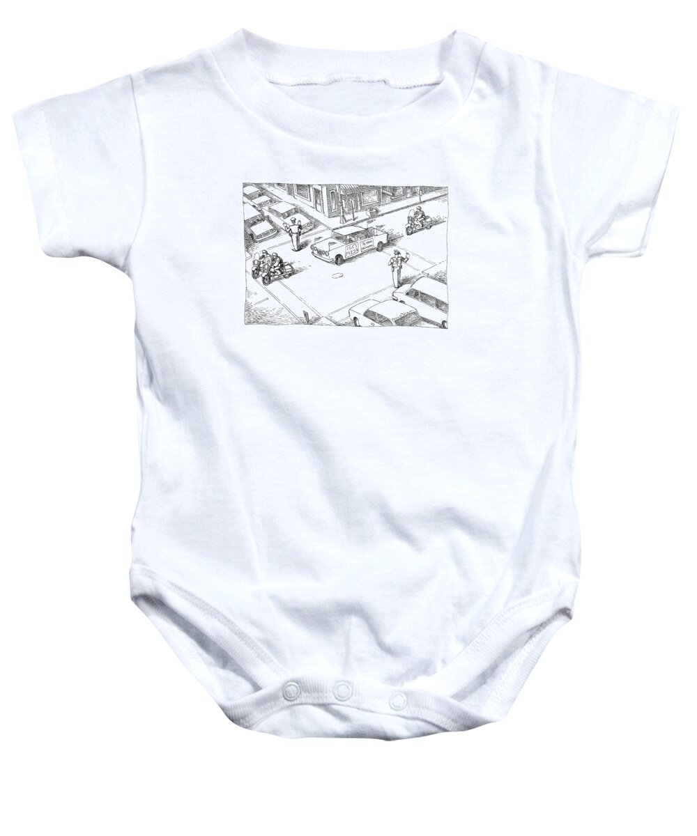 (a Motorcade Made Up Of Motorcycles Around A Delivery Car That Has A Sign On It That Reads 'joe's Pizza' Bedecked With Pennants Passes Throughan Intersection Where Policemen Have Stopped Traffic.) 
Food Baby Onesie featuring the drawing New Yorker January 28th, 1991 by John O'Brien