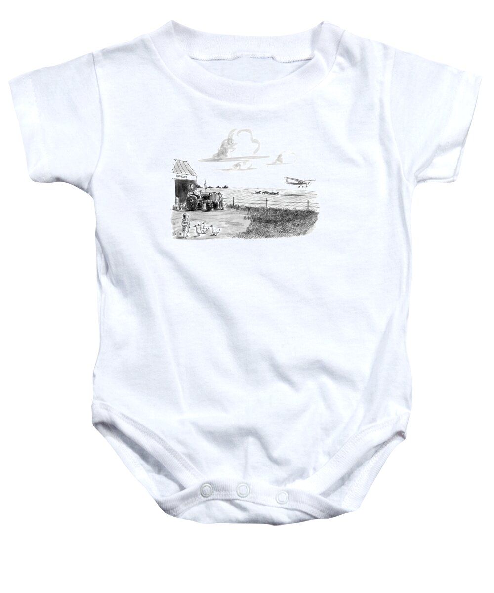 No Caption
Small Airplane About To Land In Farm In Russia.wolves Run After The Plane.refers To Recent Stunt By Mathias Rust Baby Onesie featuring the drawing New Yorker June 15th, 1987 by Warren Miller