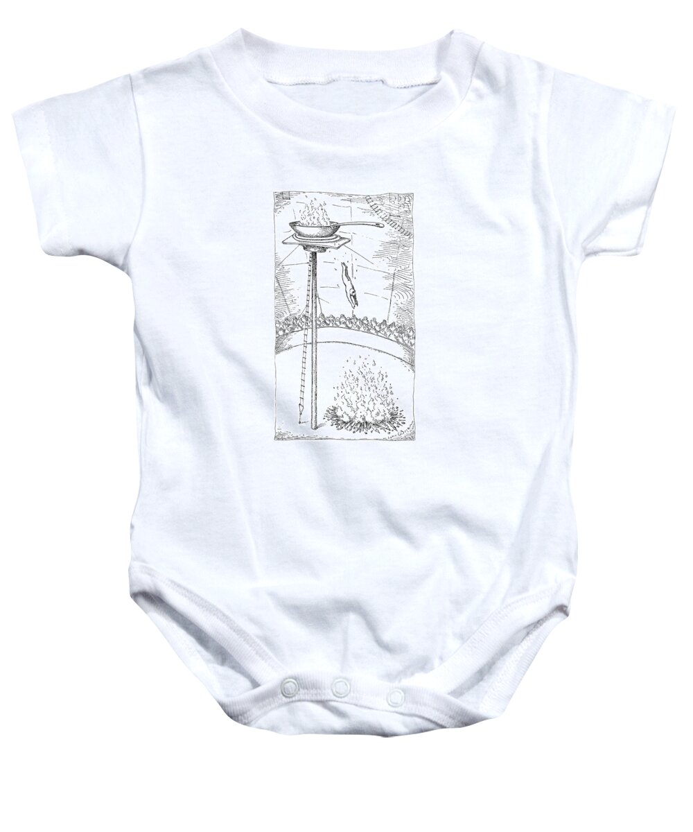 (circus Performer Dives Out Of An Elevated Frying Pan That Is On Fire Into A Fire Pit.) 
Death Baby Onesie featuring the drawing New Yorker November 30th, 1992 by John O'Brien