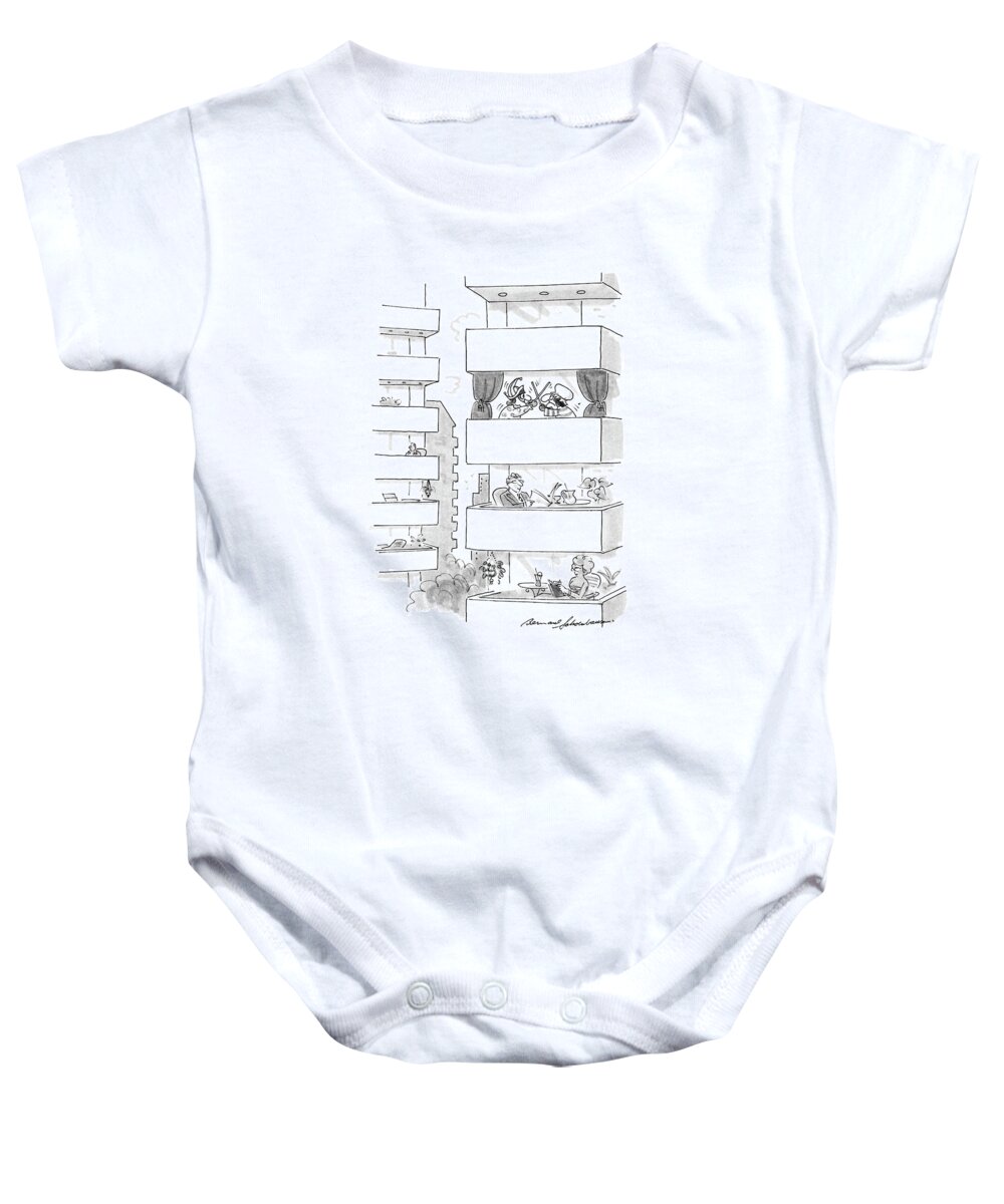 No Caption
An Apartment House With Balconies On All Floors - We Can See Three Of Them Clearly. On Two Baby Onesie featuring the drawing New Yorker September 5th, 1988 by Bernard Schoenbaum