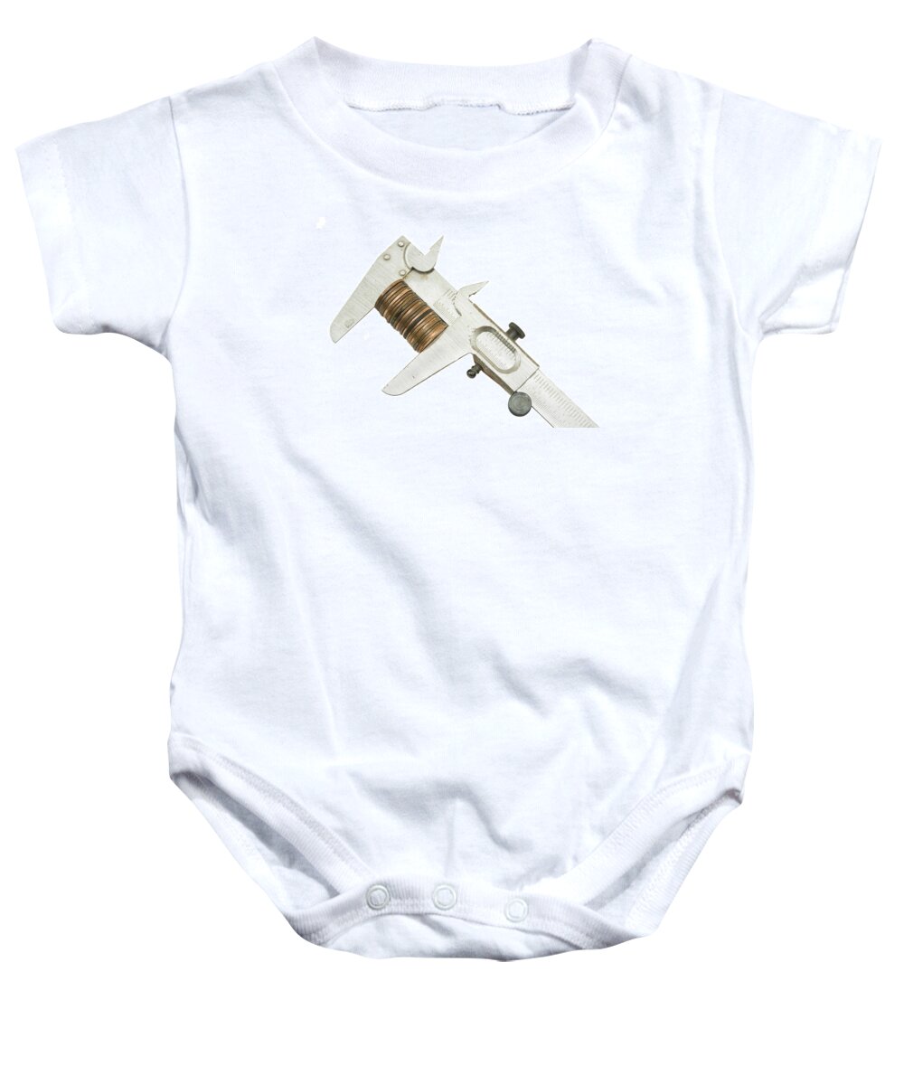 Caliper Baby Onesie featuring the photograph ng Pennies For Savings On White Background by Keith Webber Jr